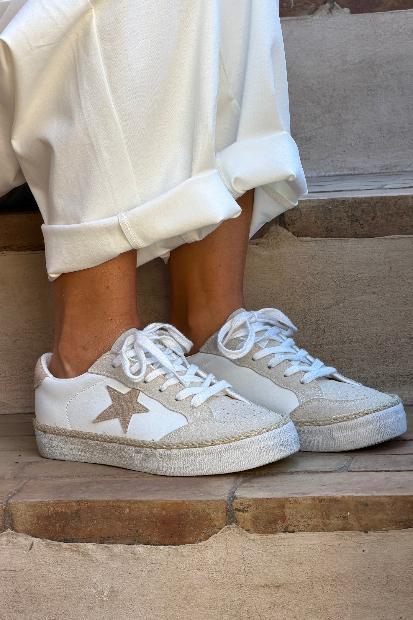 White Retro Star Rope Trim Sneakers