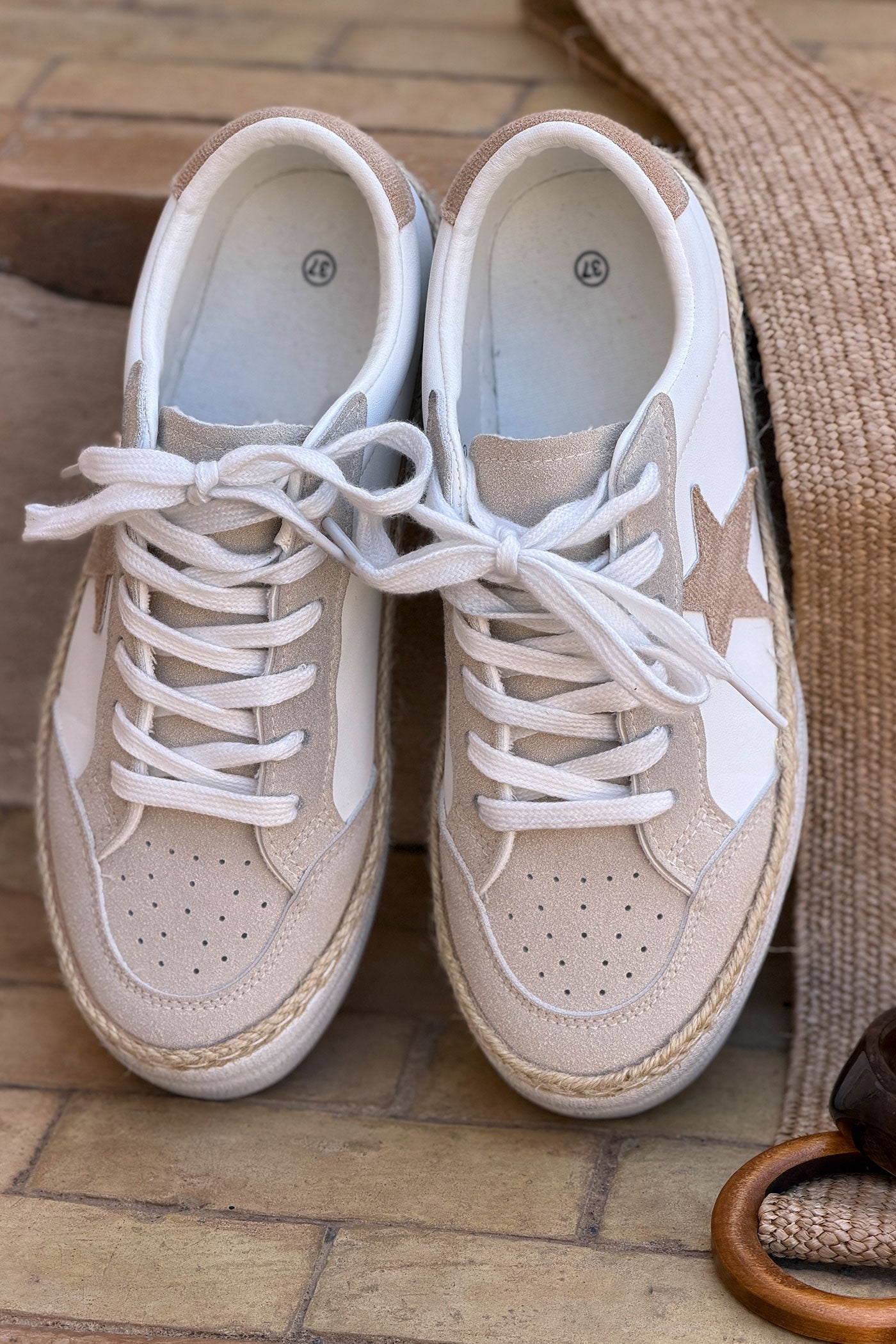 White Retro Star Rope Trim Sneakers