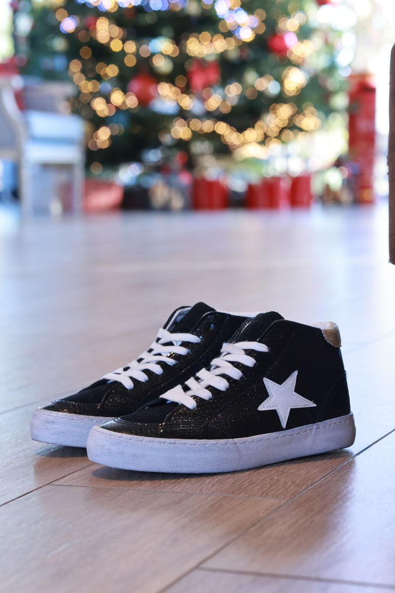Black Sparkle Star Sueded High Top Sneakers