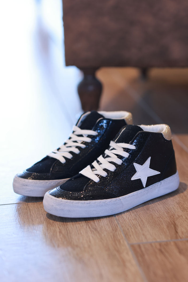 Black Sparkle Star Sueded High Top Sneakers