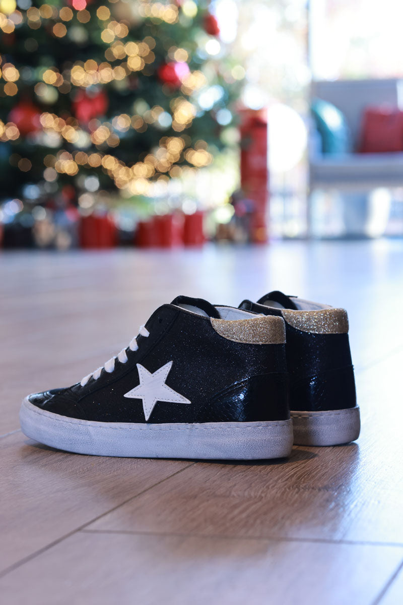 Black Sparkle Star Sueded High Top Sneakers