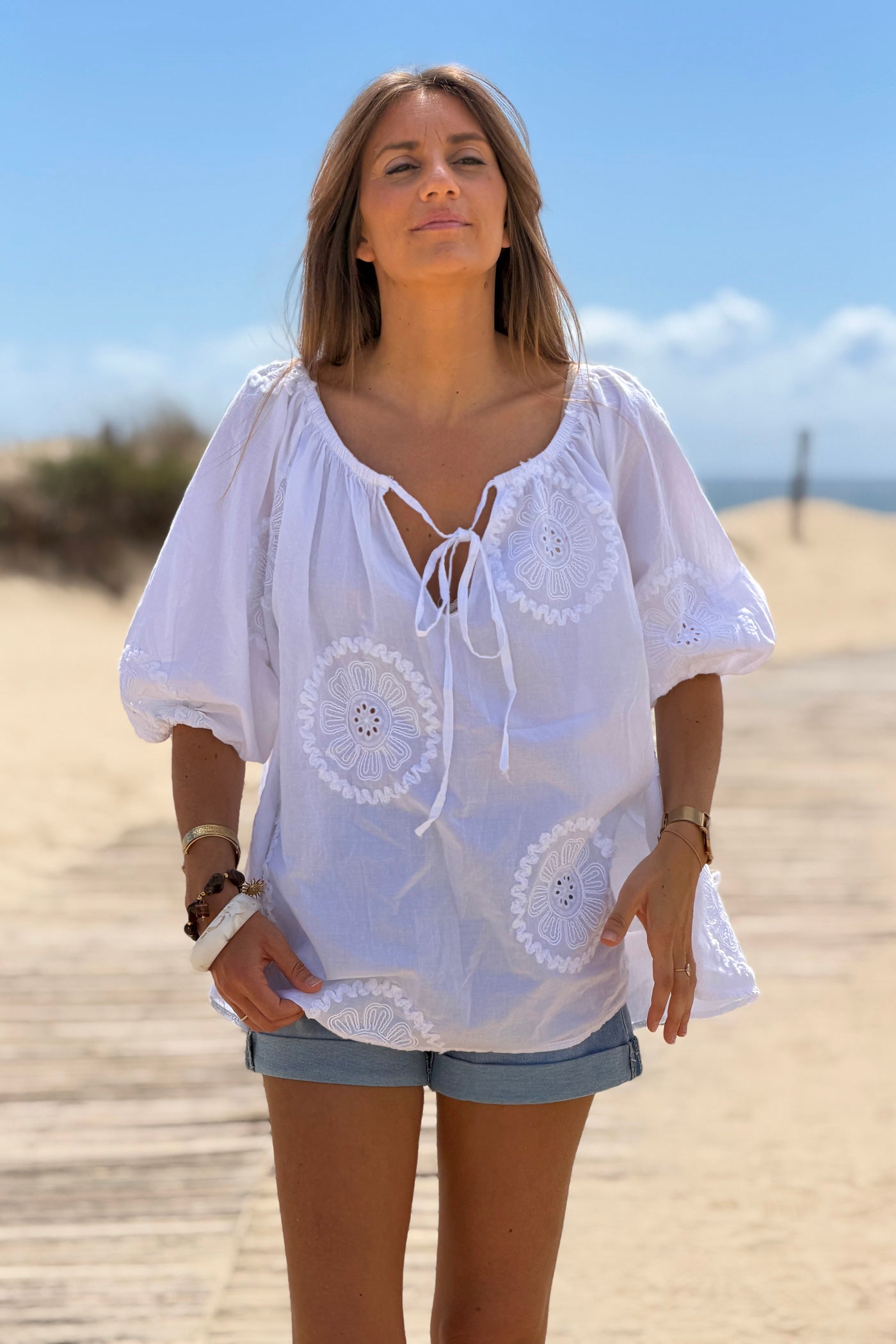 White Eyelet Peasant Top