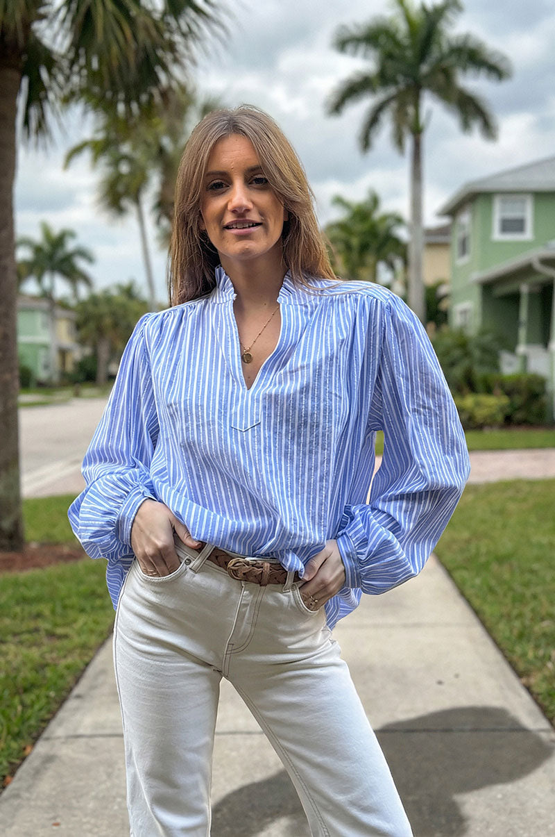 Blue Cotton Poplin Pinstripe Blouse