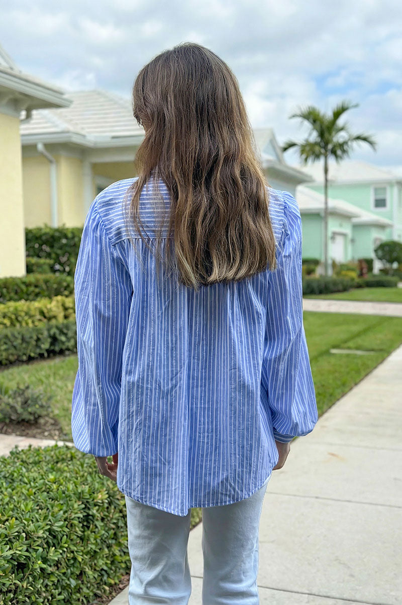 Blue Cotton Poplin Pinstripe Blouse