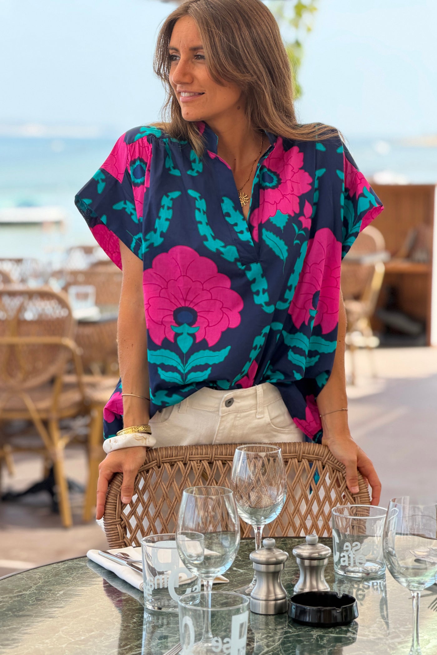 Navy Tropical Floral Dolman Blouse