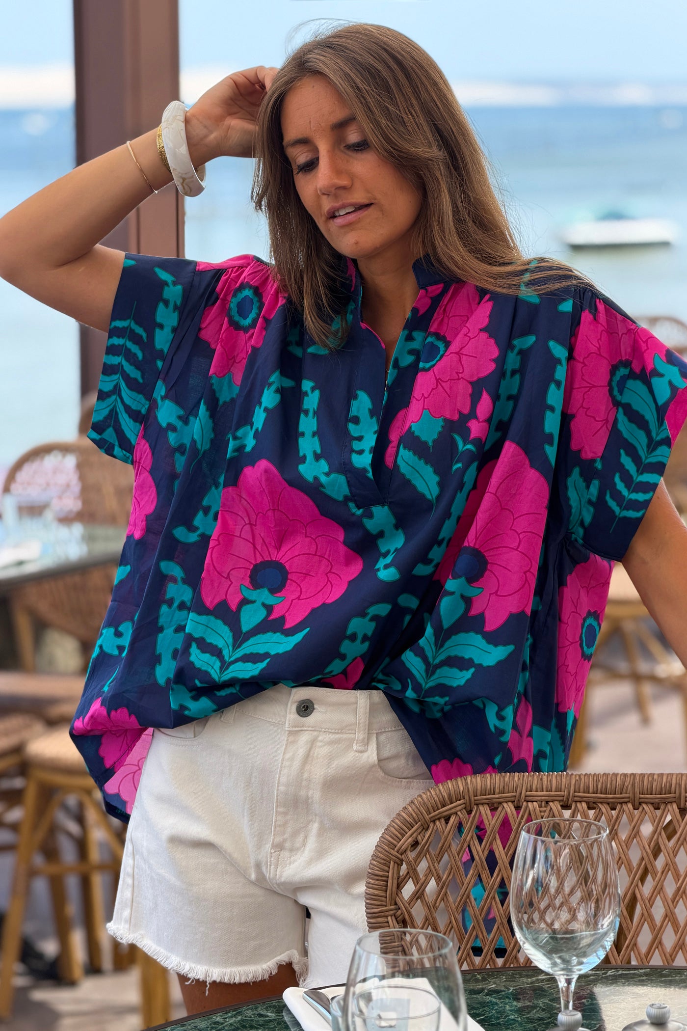 Navy Tropical Floral Dolman Blouse