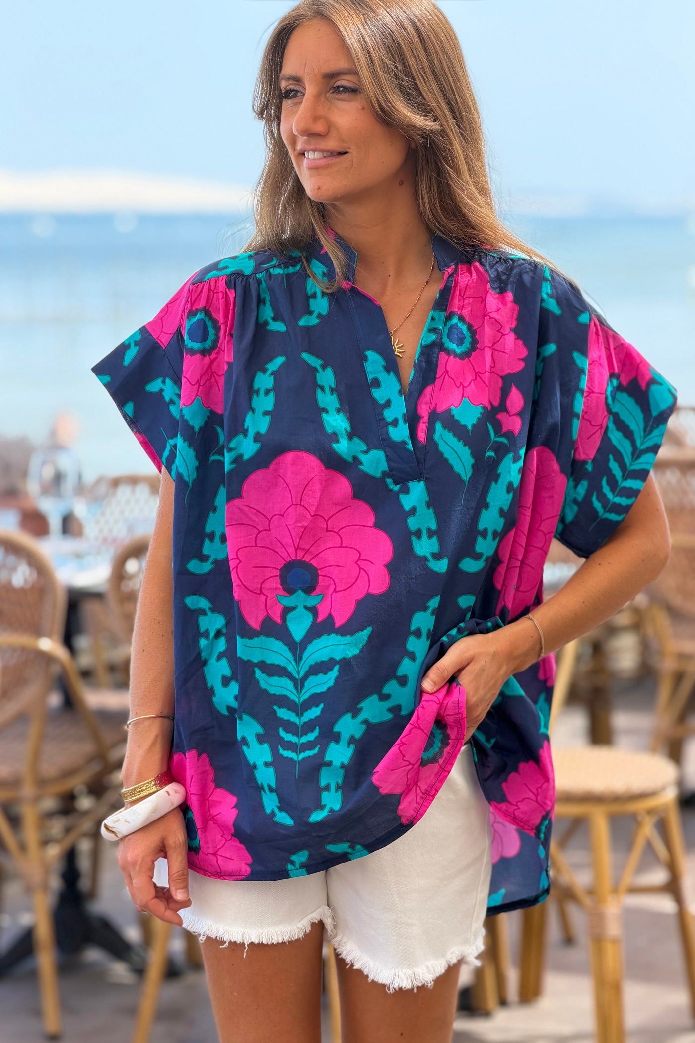 Navy Tropical Floral Dolman Blouse