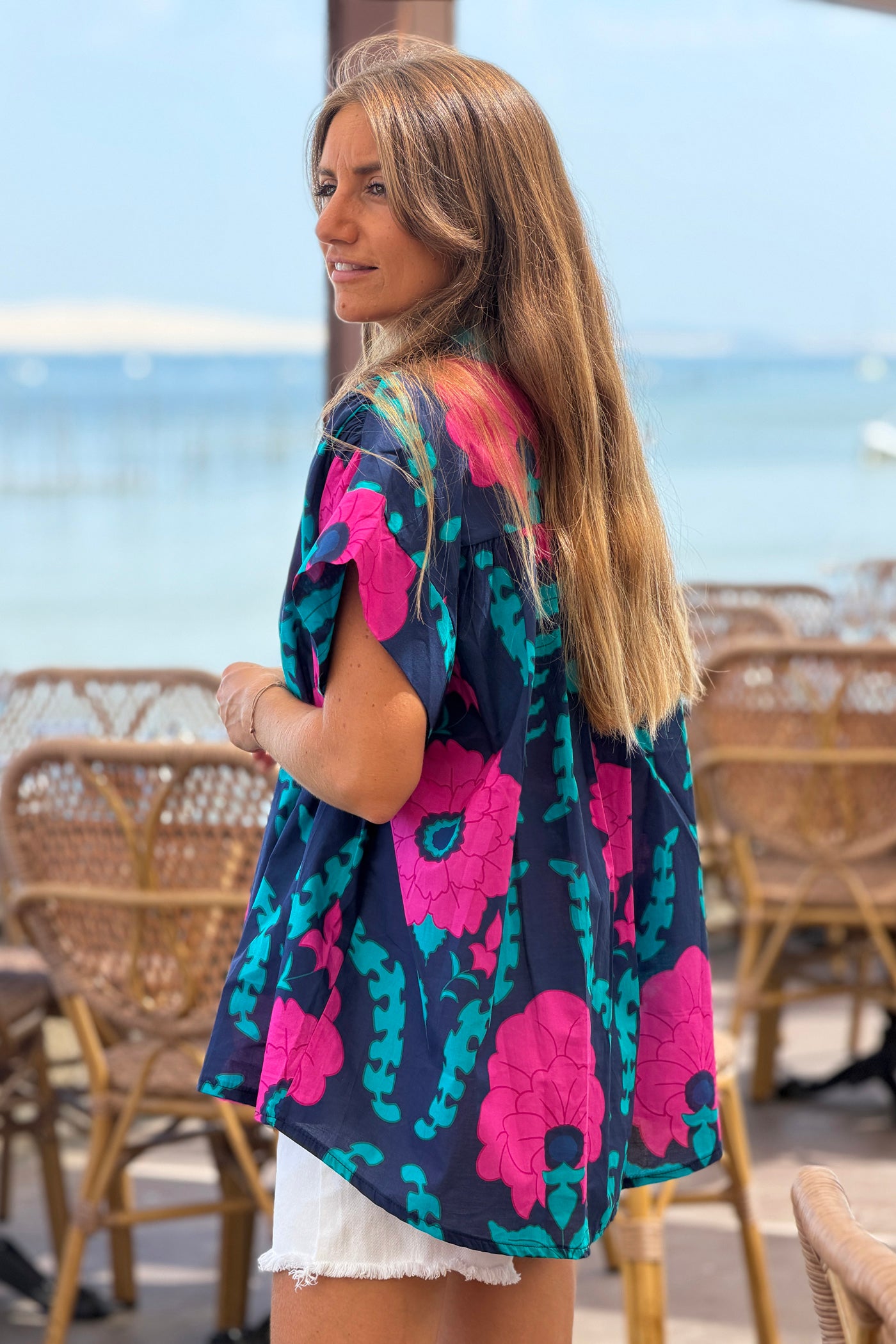 Navy Tropical Floral Dolman Blouse