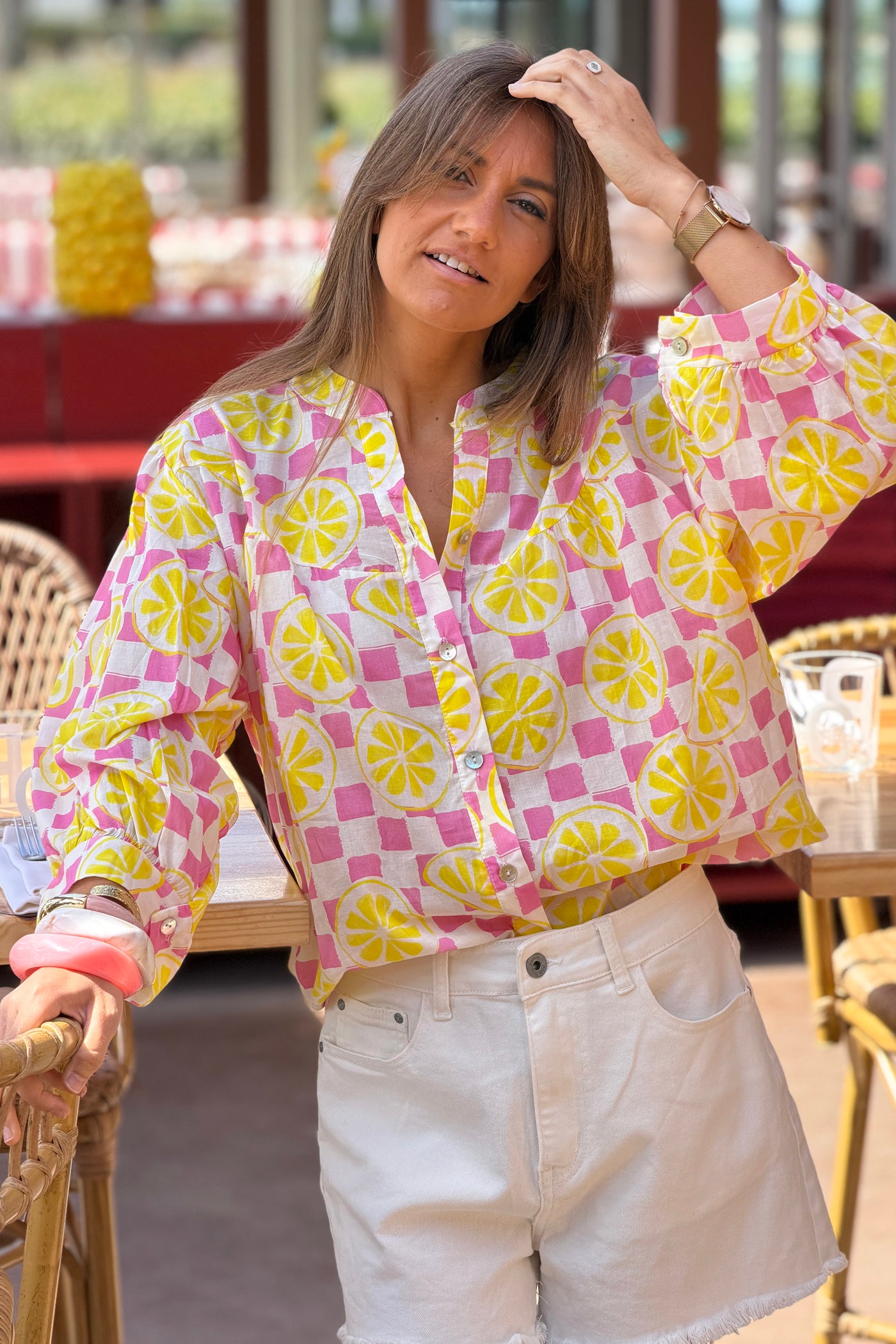 Pink Checkerboard Lemon Party Blouse