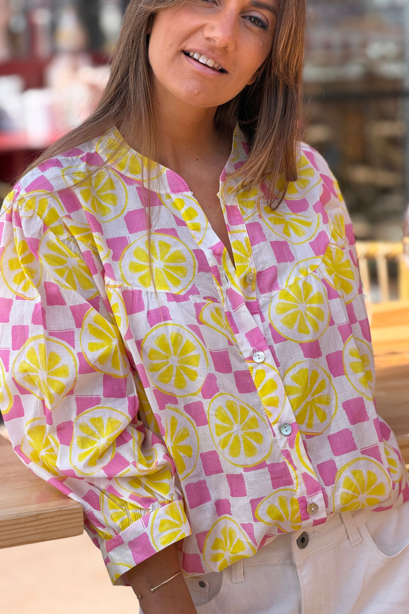 Pink Checkerboard Lemon Party Blouse