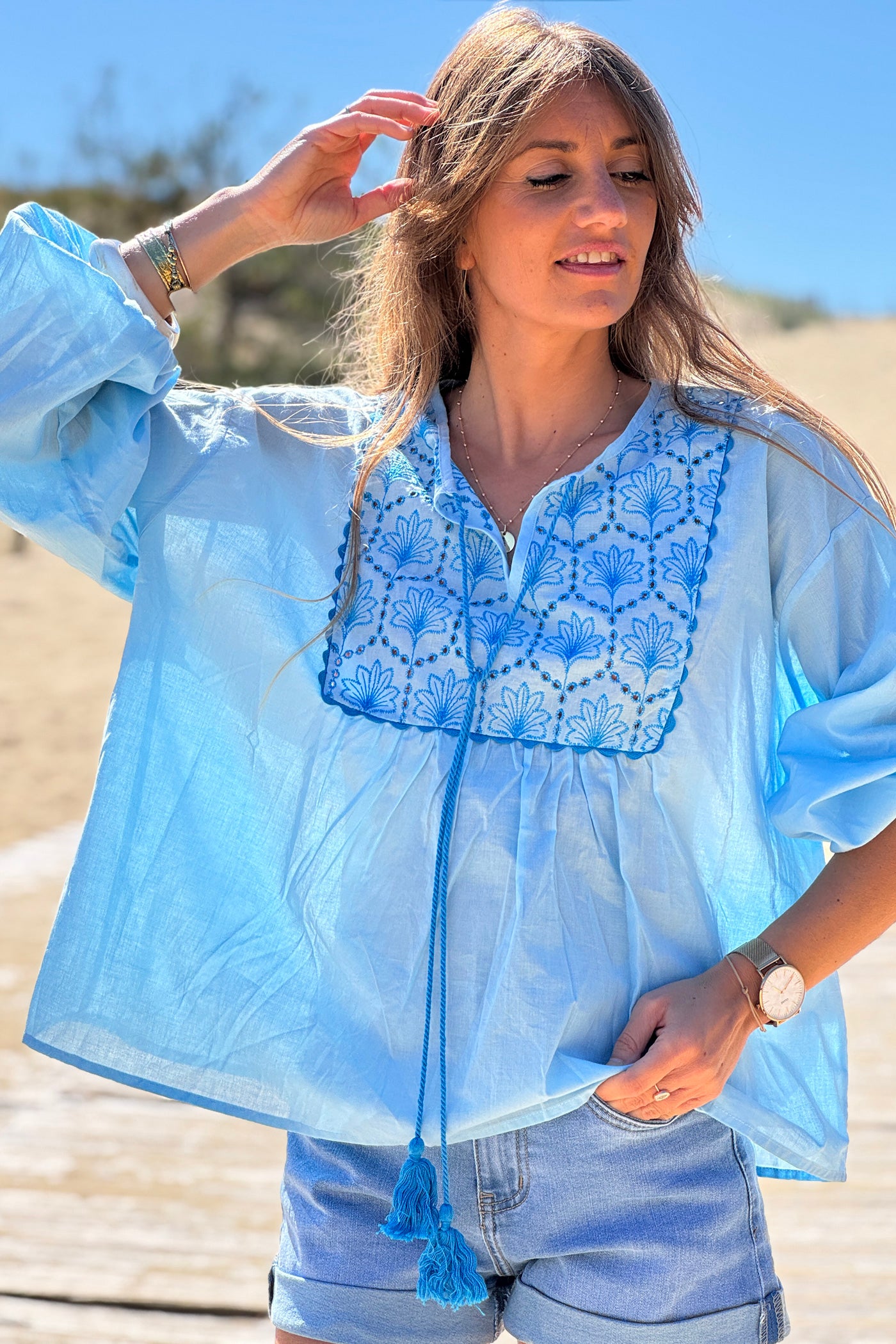 Blue Embroidered Peasant Top