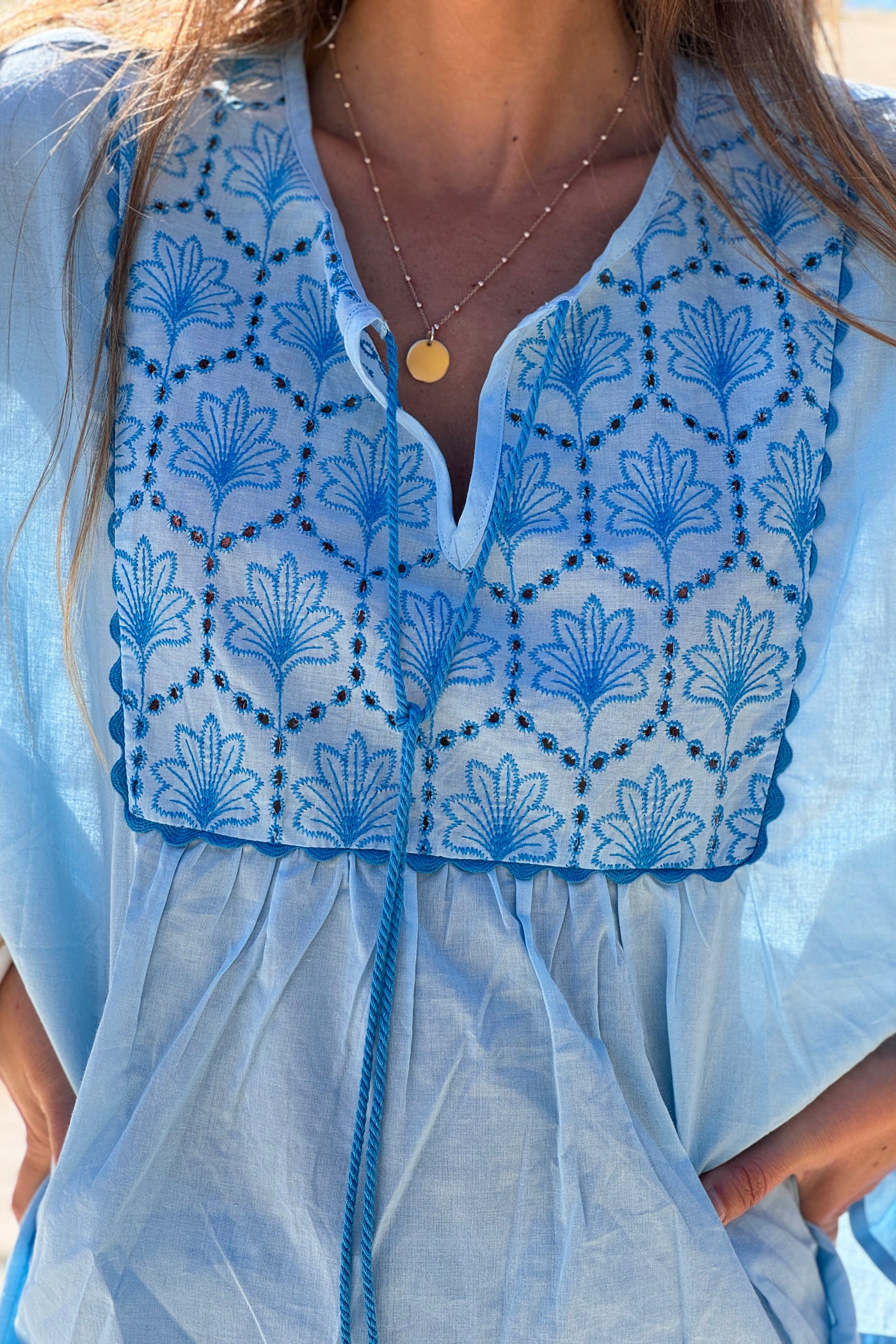 Blue Embroidered Peasant Top