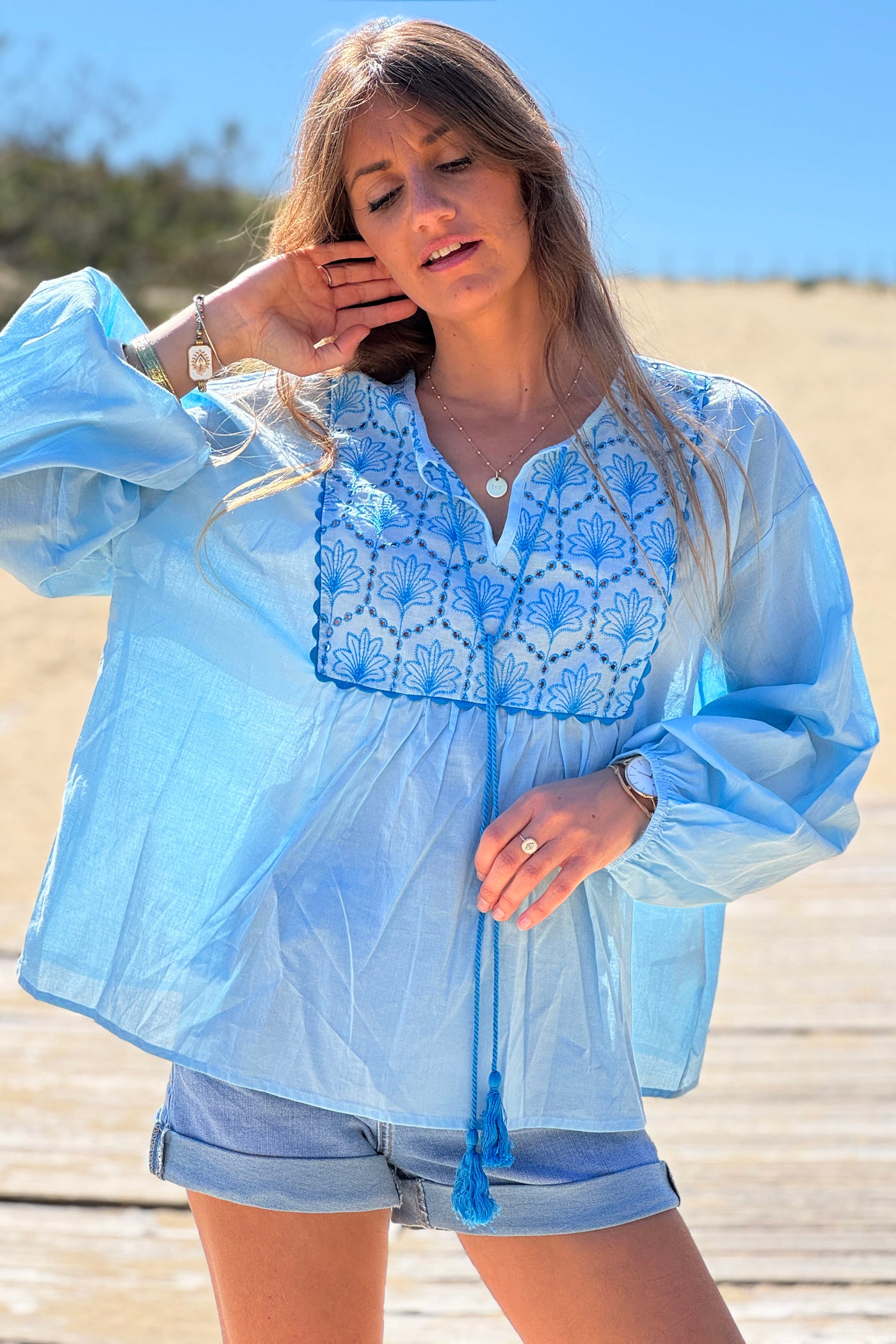 Blue Embroidered Peasant Top