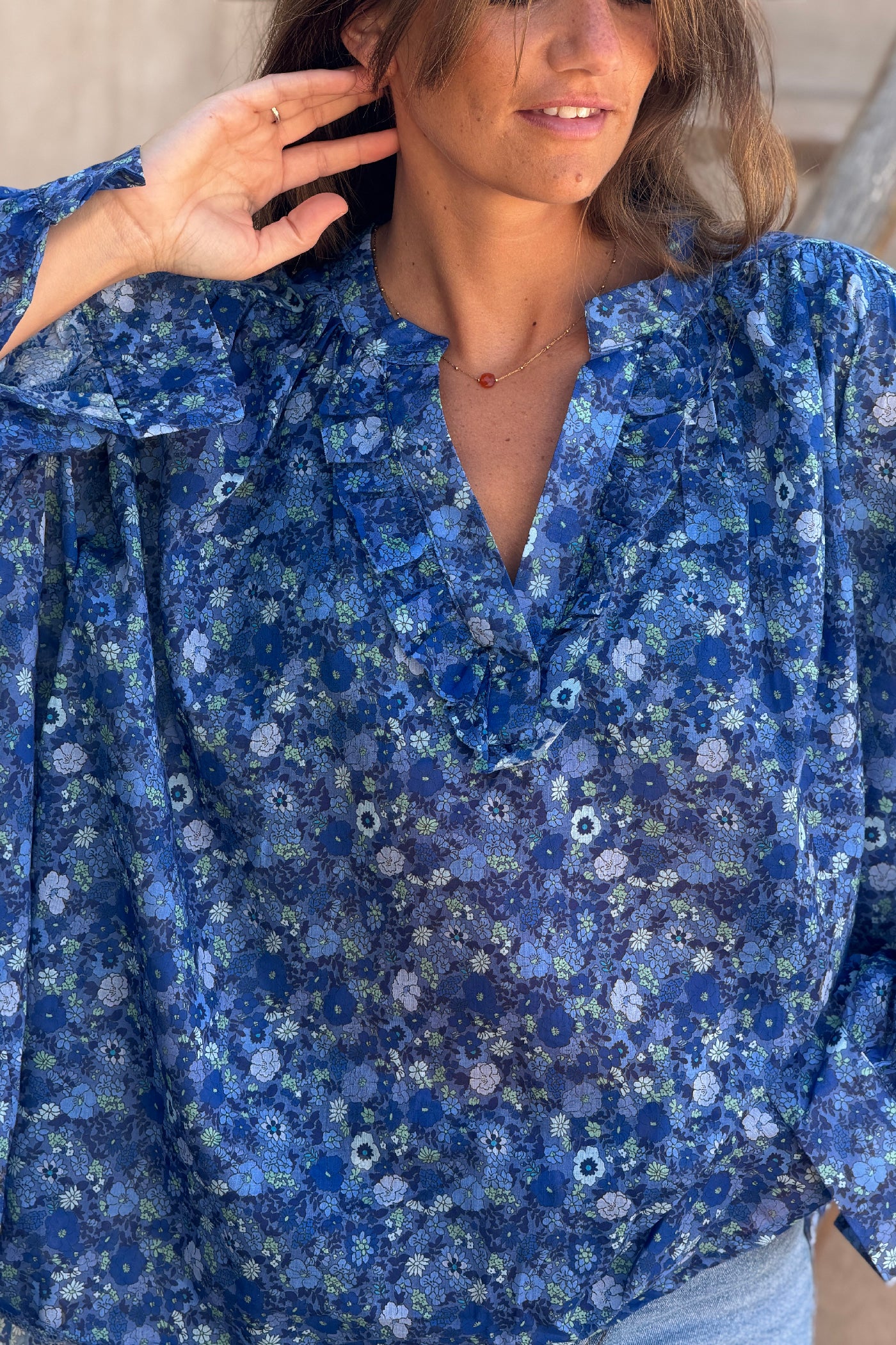Cobalt Floral Explosion Ruffled Peasant Blouse