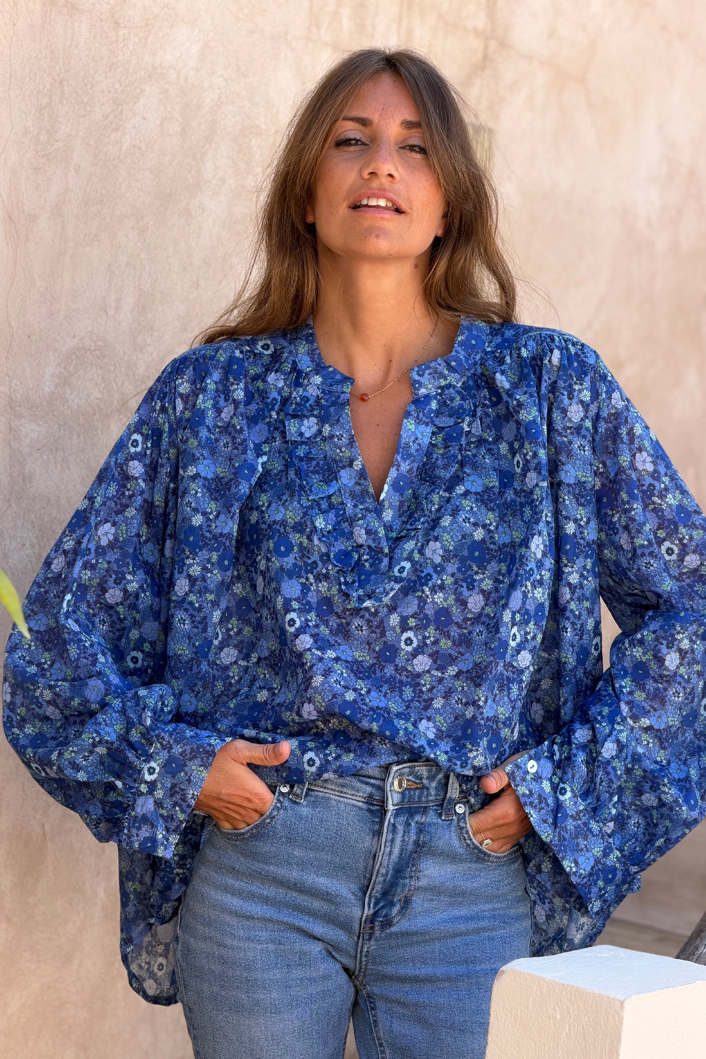 Cobalt Floral Explosion Ruffled Peasant Blouse