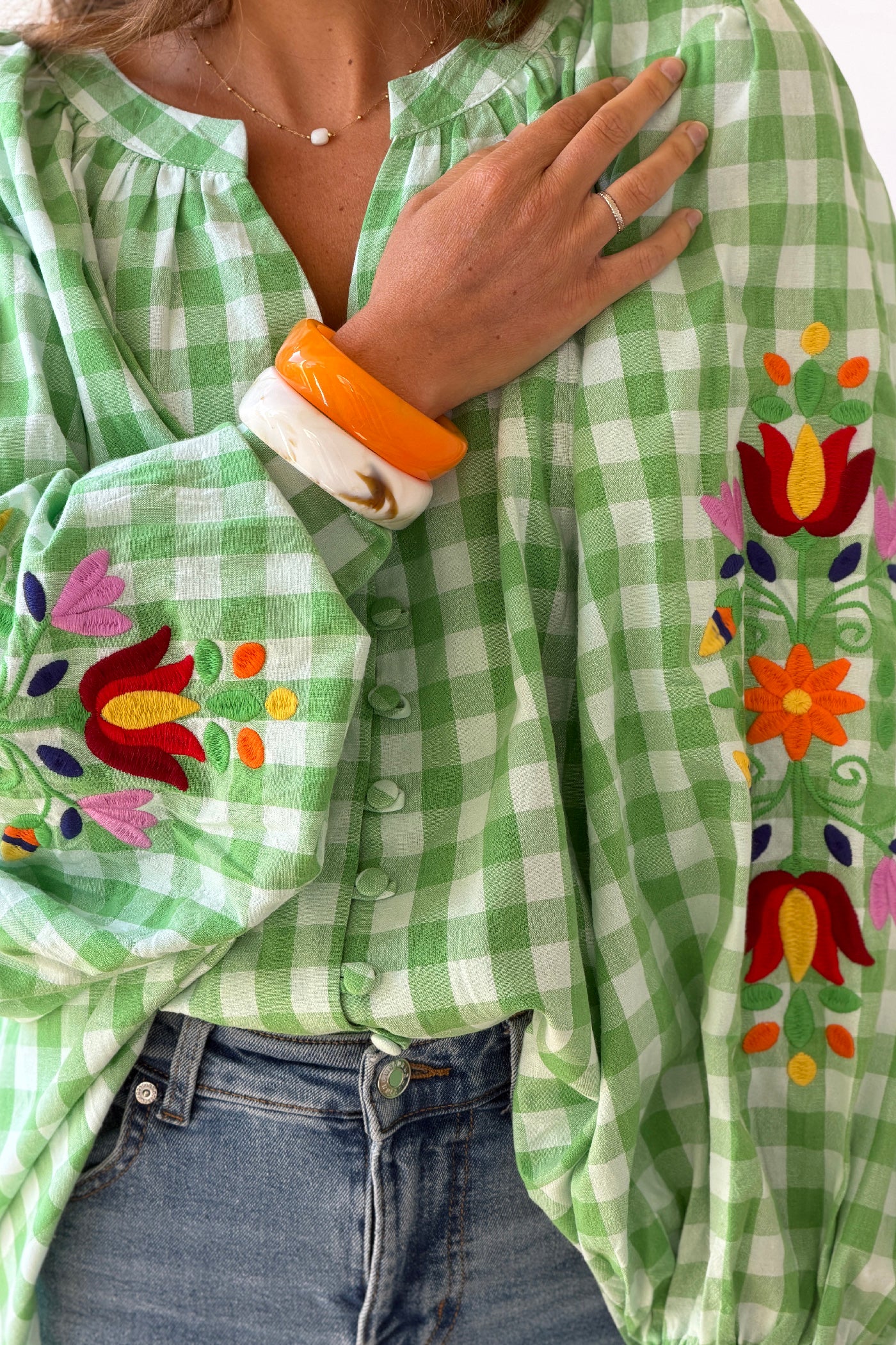Green Gingham Spring Flowers Embroidered Blouse