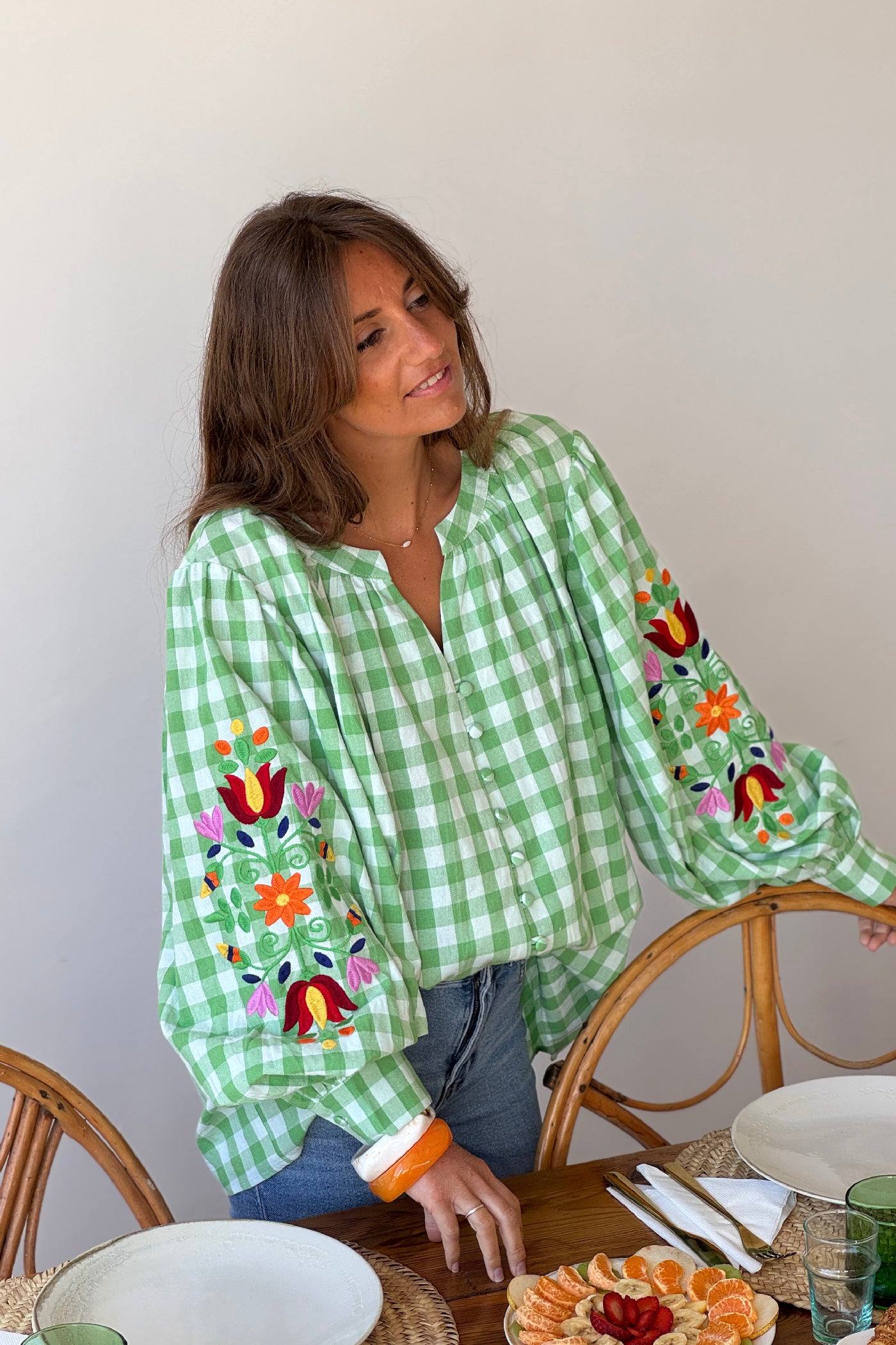 Green Gingham Spring Flowers Embroidered Blouse