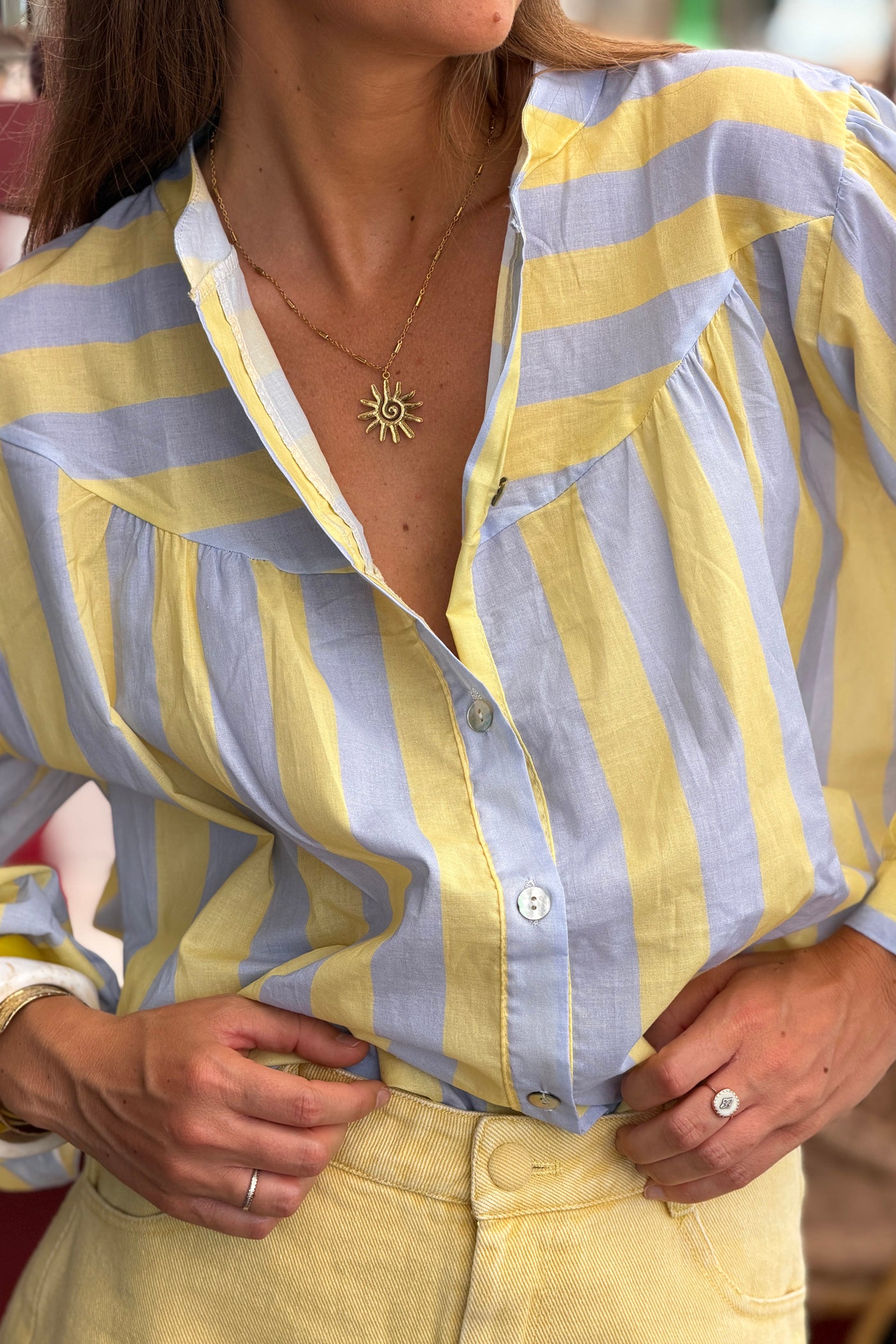 Blue Striped Yoke Front Blouson Top