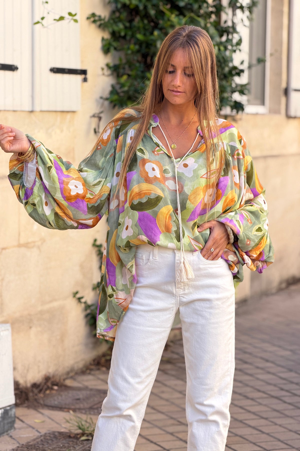 Olive Floral Art Blouson Top