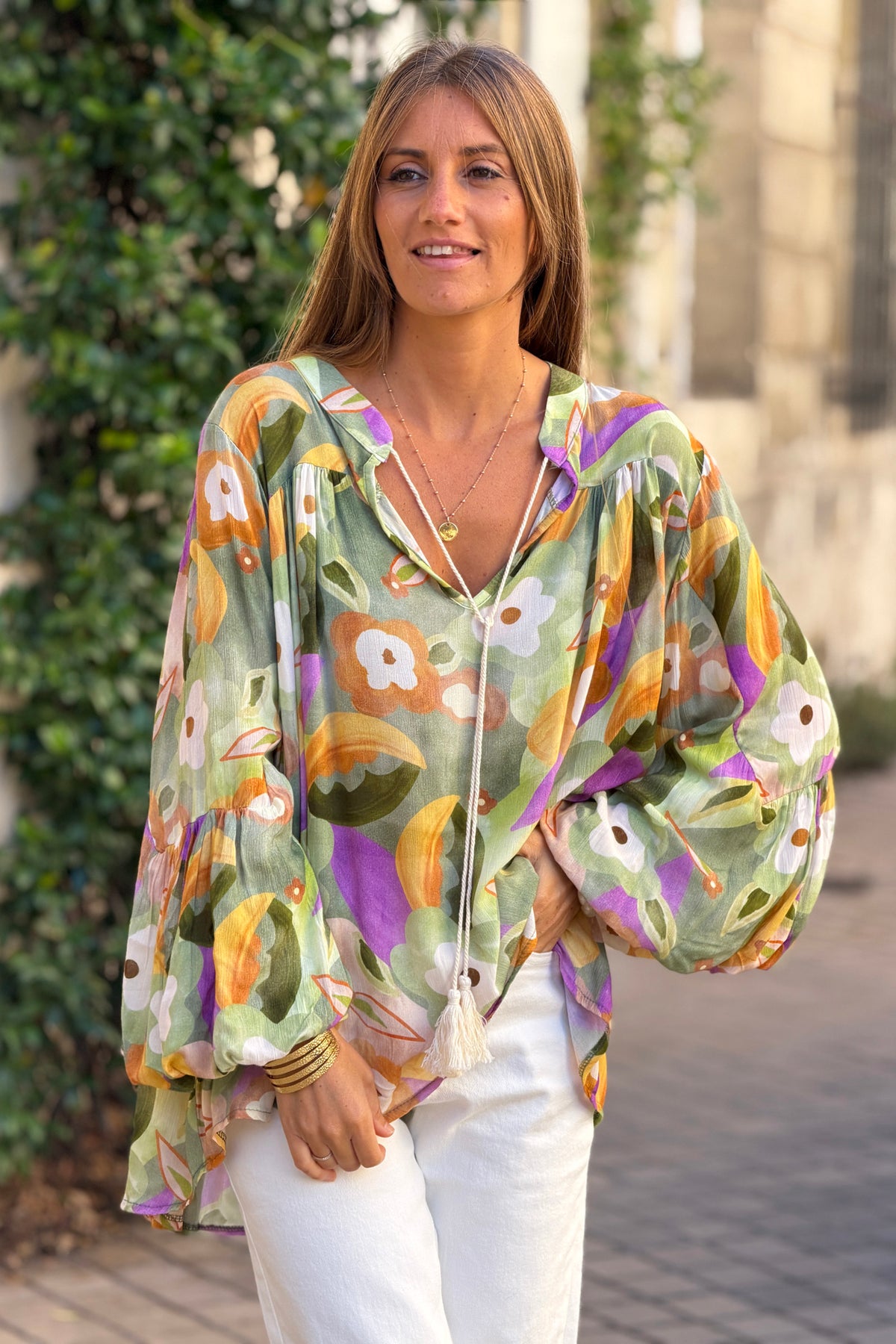 Olive Floral Art Blouson Top
