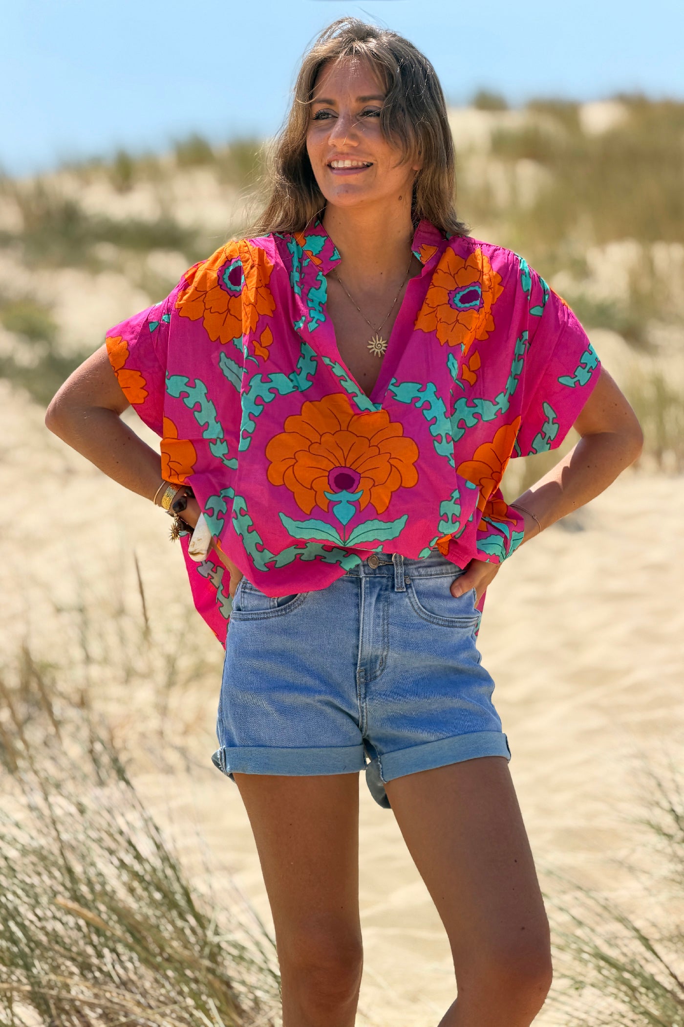 Hot Pink Tropical Floral Dolman Blouse