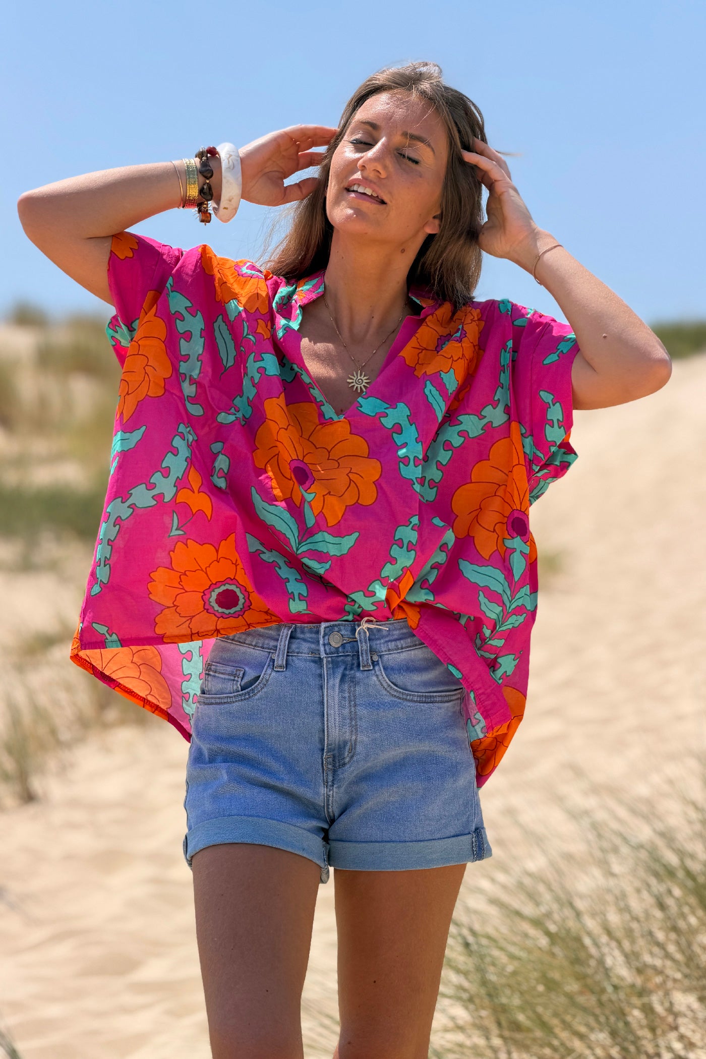Hot Pink Tropical Floral Dolman Blouse