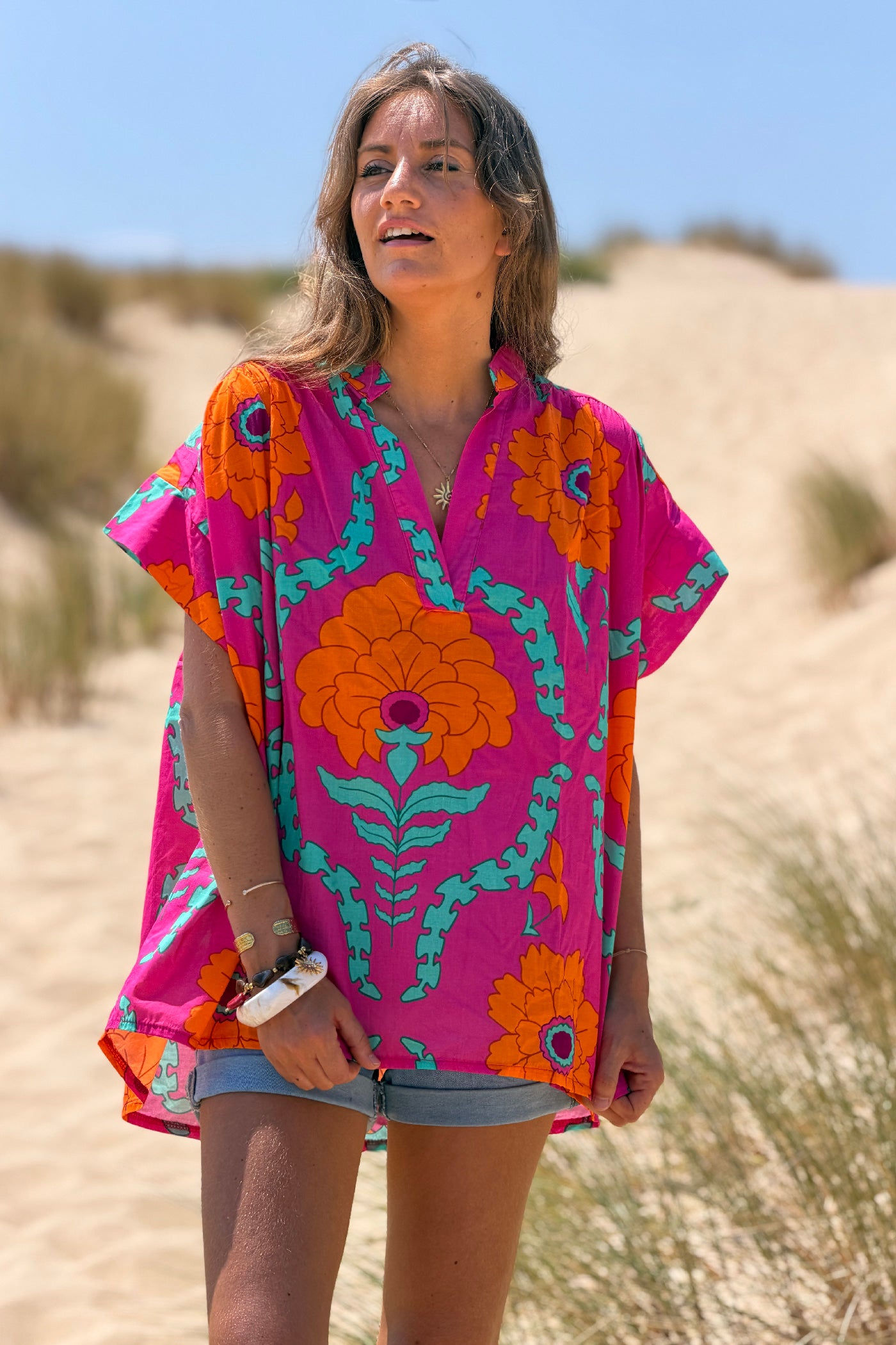 Hot Pink Tropical Floral Dolman Blouse