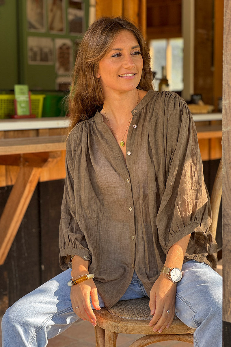 Olive Lightweight Cotton Peasant Blouse