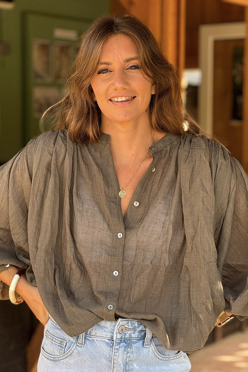 Olive Lightweight Cotton Peasant Blouse