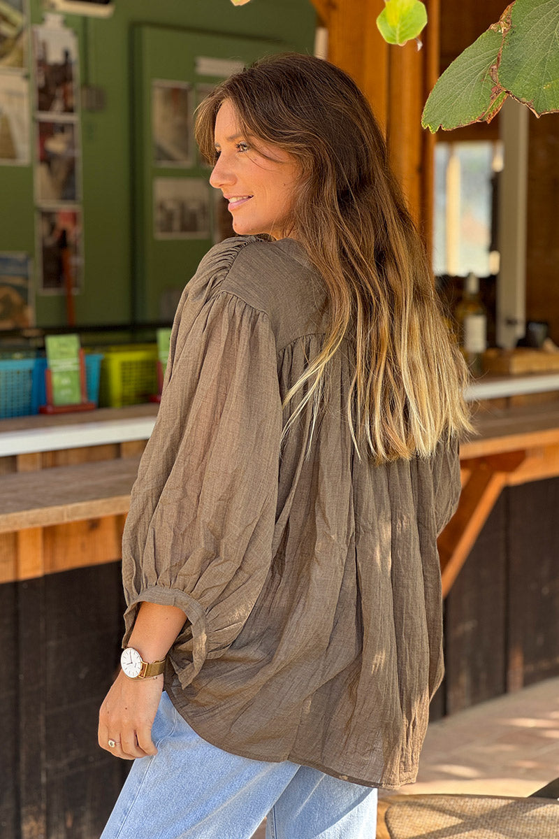 Olive Lightweight Cotton Peasant Blouse