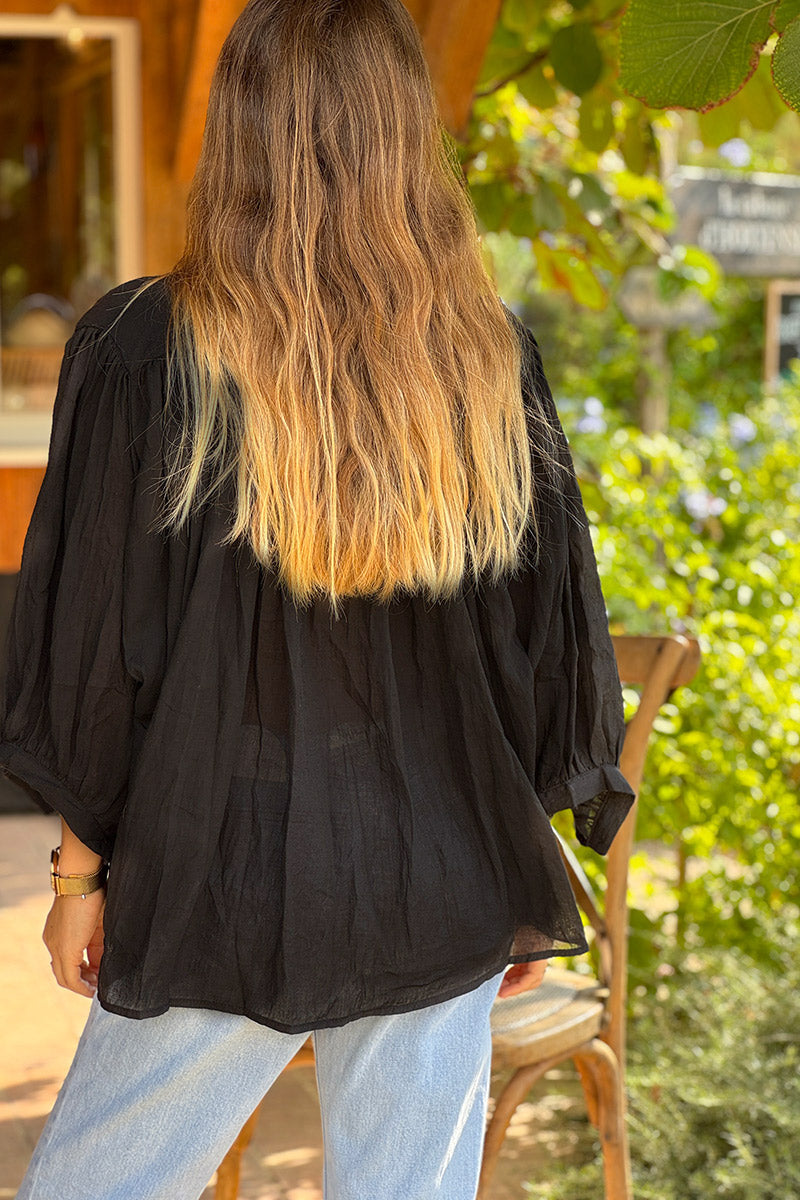 Black Lightweight Cotton Peasant Blouse