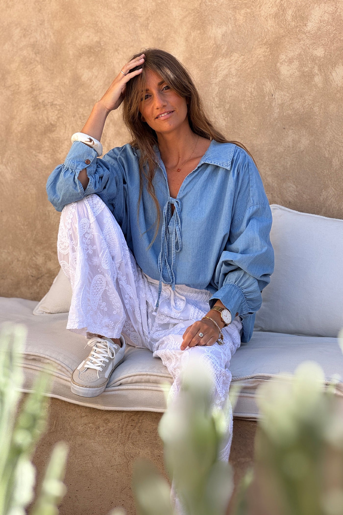 Chambray Blouson Sleeve Peasant Blouse