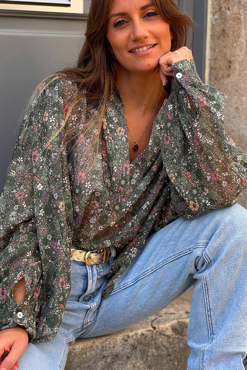 Blouse large vert foncé en coton imprimé petites fleurs col v