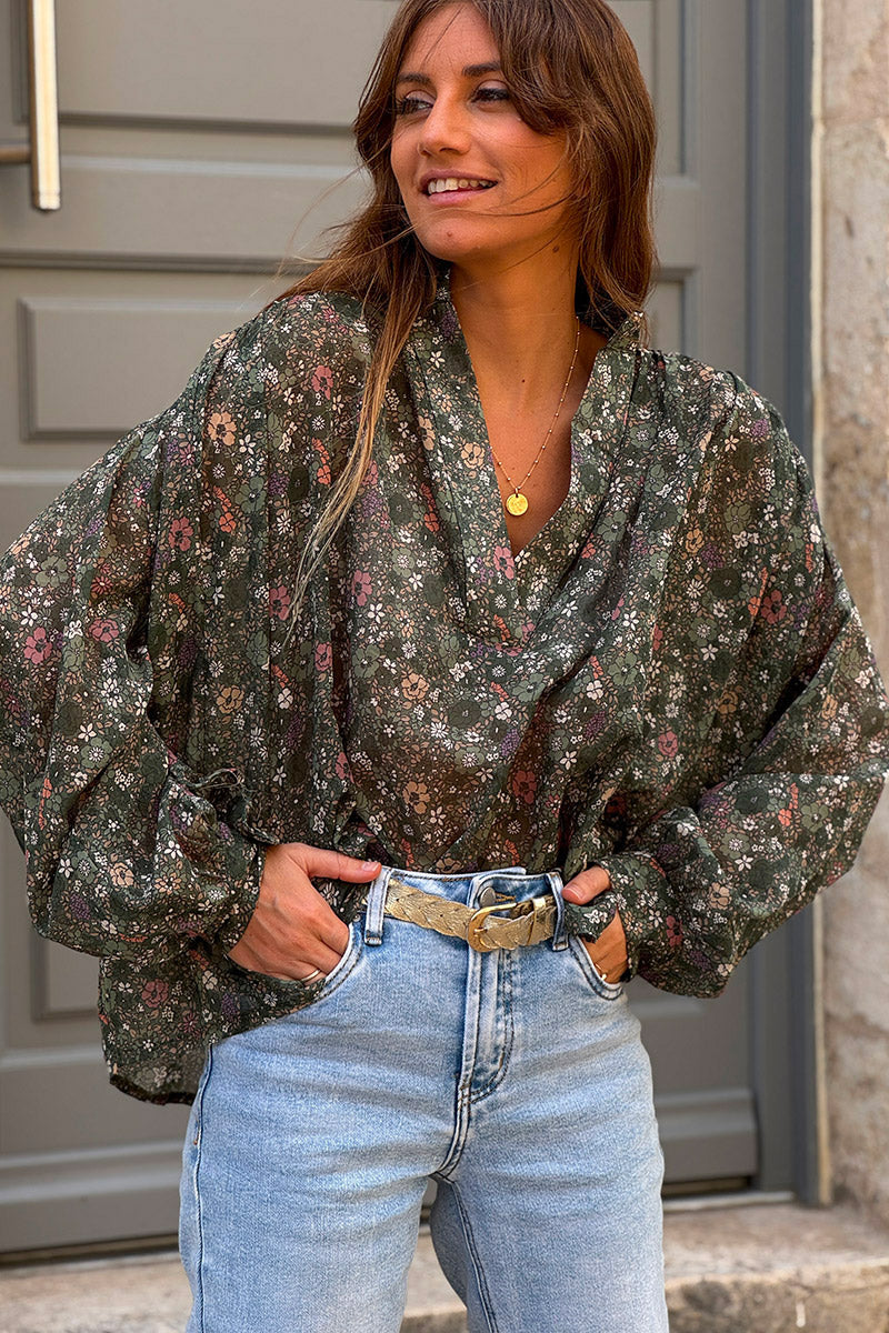 Blouse large vert foncé en coton imprimé petites fleurs col v