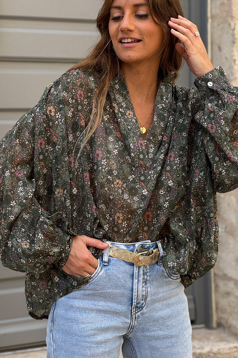 Blouse large vert foncé en coton imprimé petites fleurs col v