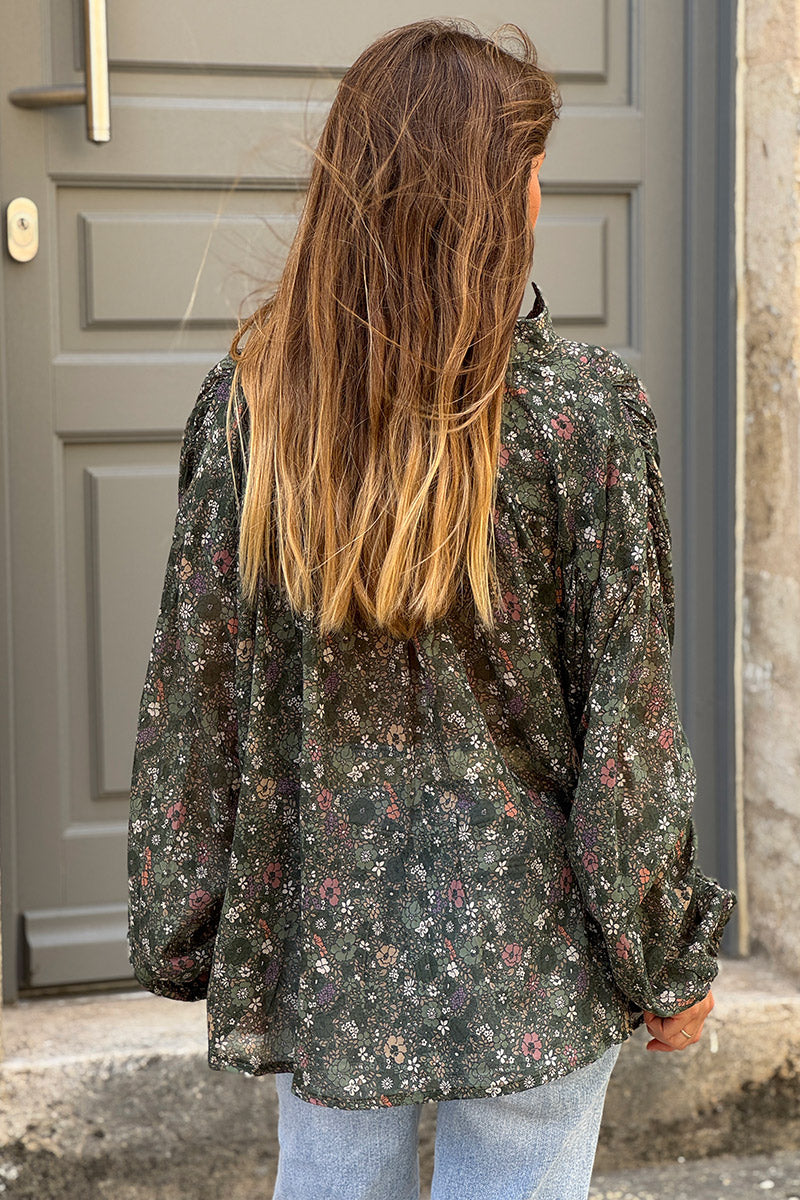 Blouse large vert foncé en coton imprimé petites fleurs col v