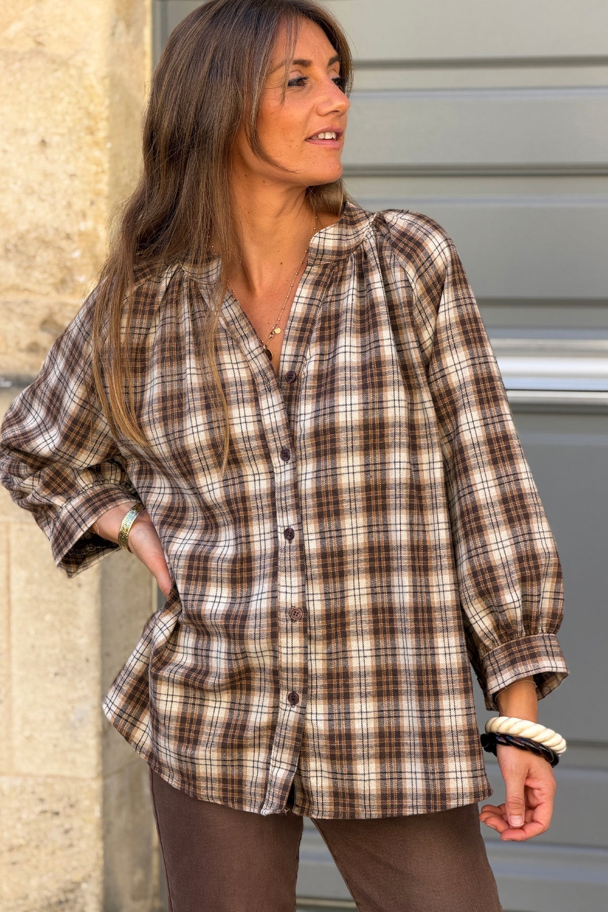 Blouse toucher flanelle doux à carreaux Ecossais beige