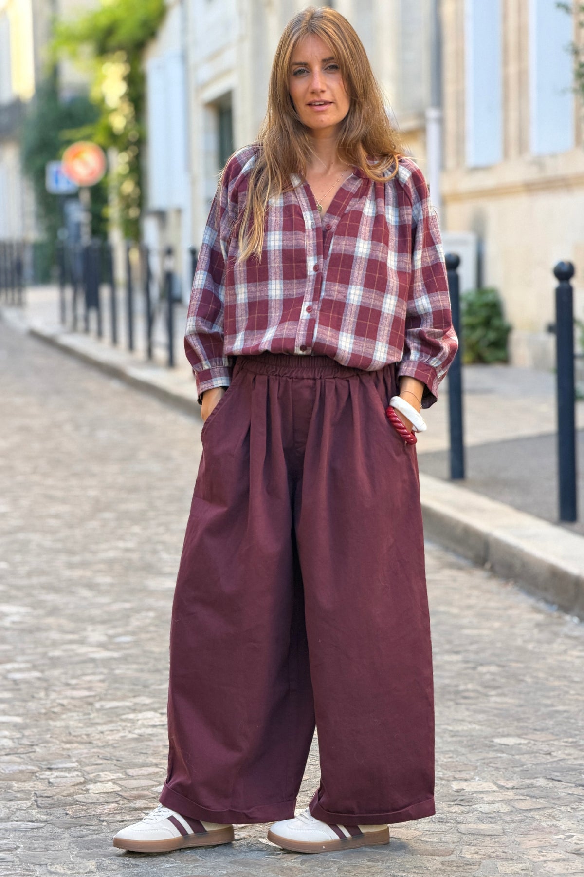 Blouse toucher flanelle doux à carreaux tartan aubergine
