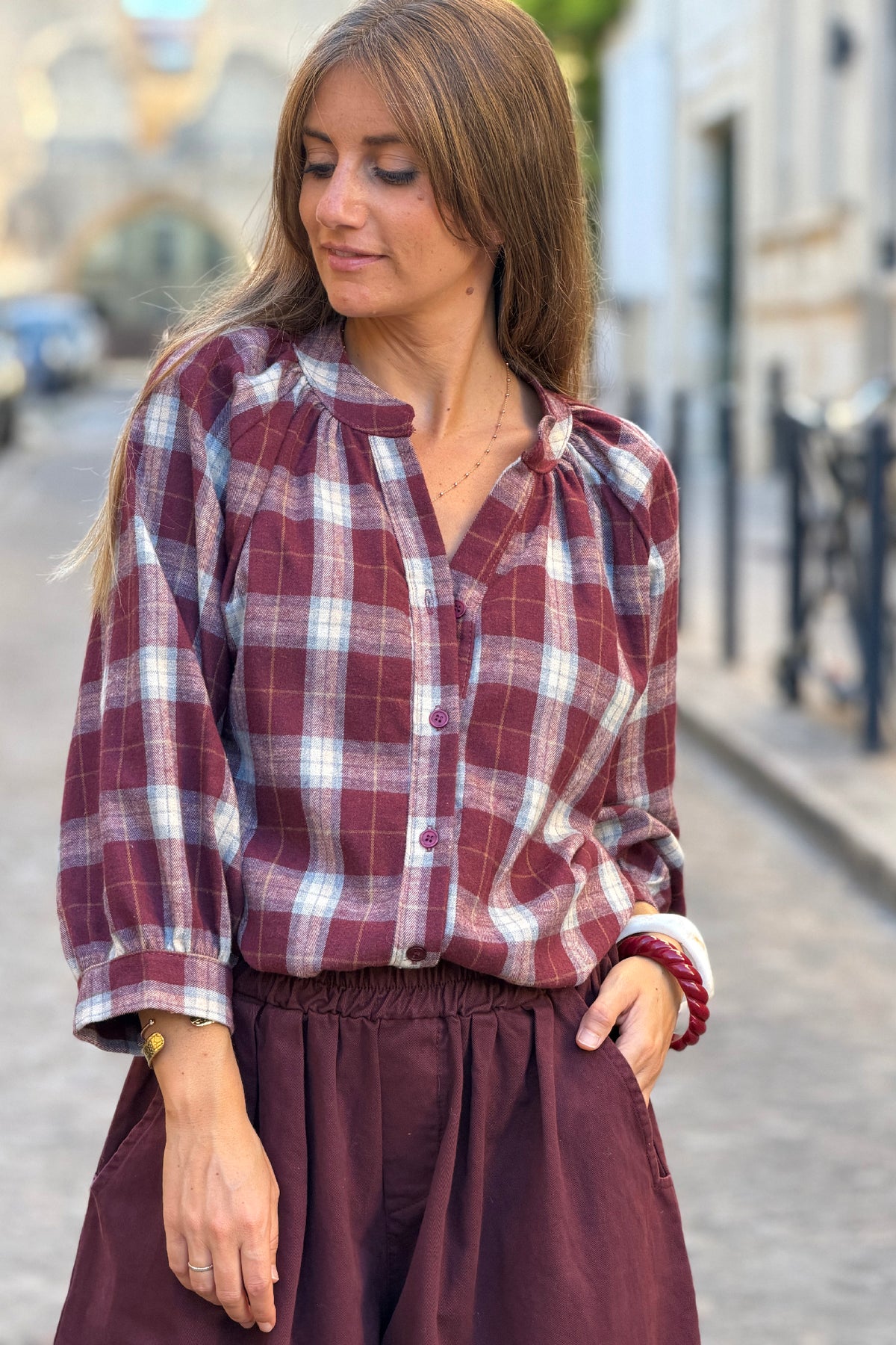Blouse toucher flanelle doux à carreaux tartan aubergine