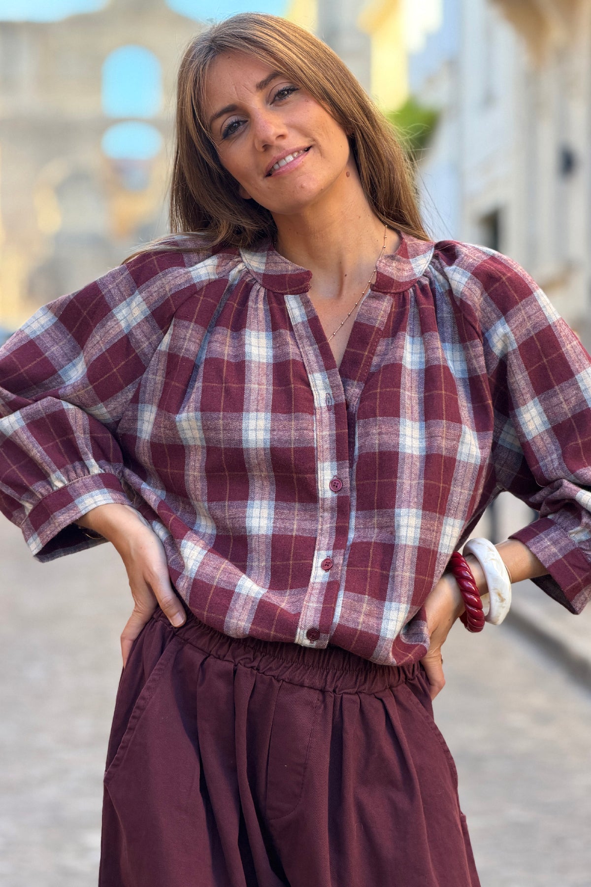 Blouse toucher flanelle doux à carreaux tartan aubergine
