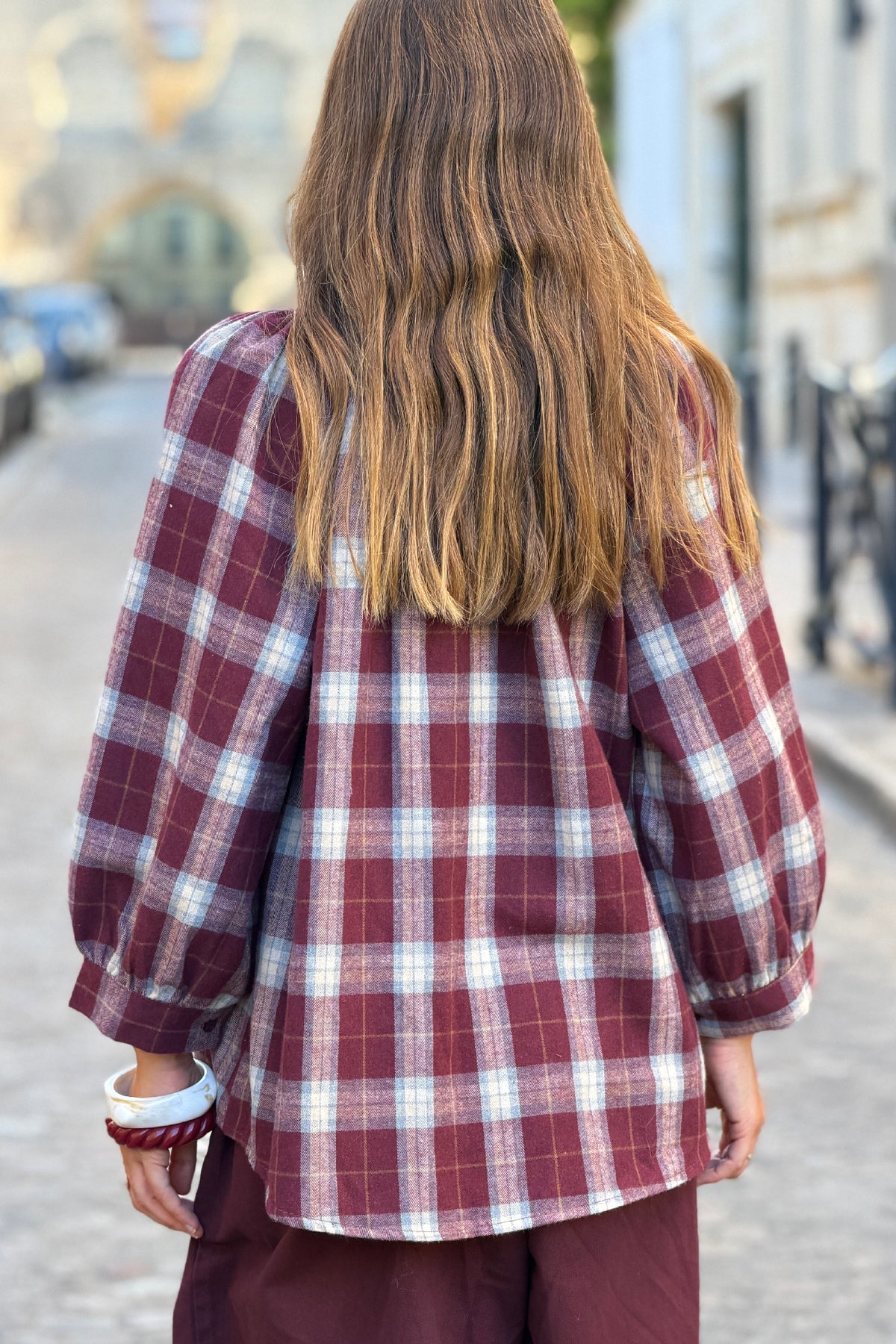 Blouse toucher flanelle doux à carreaux tartan aubergine