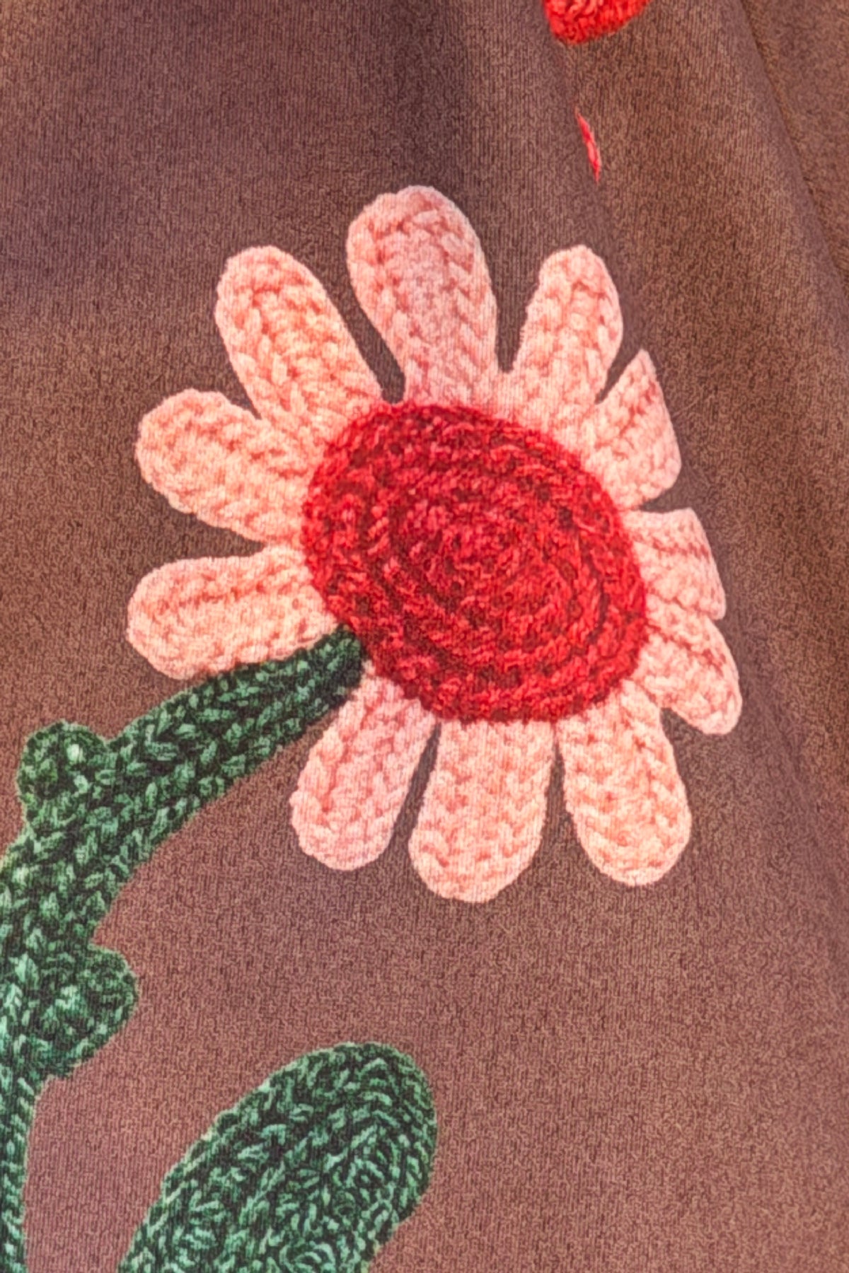 Blouson veste ballon marron en suédine imprimé effet broderie fleurs colorées et zip