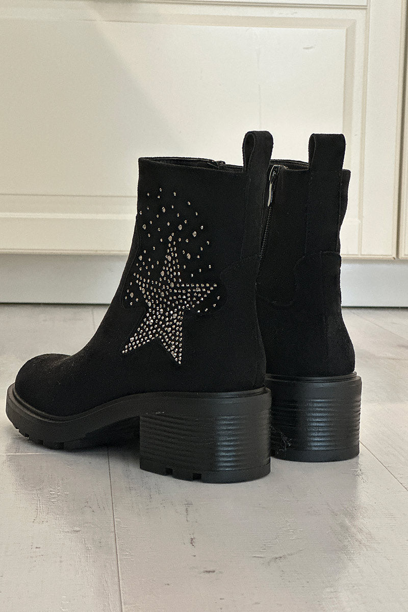 Botines negros con tacón dentado en forma de estrella de pedrería