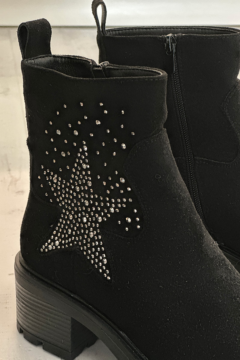 Botines negros con tacón dentado en forma de estrella de pedrería