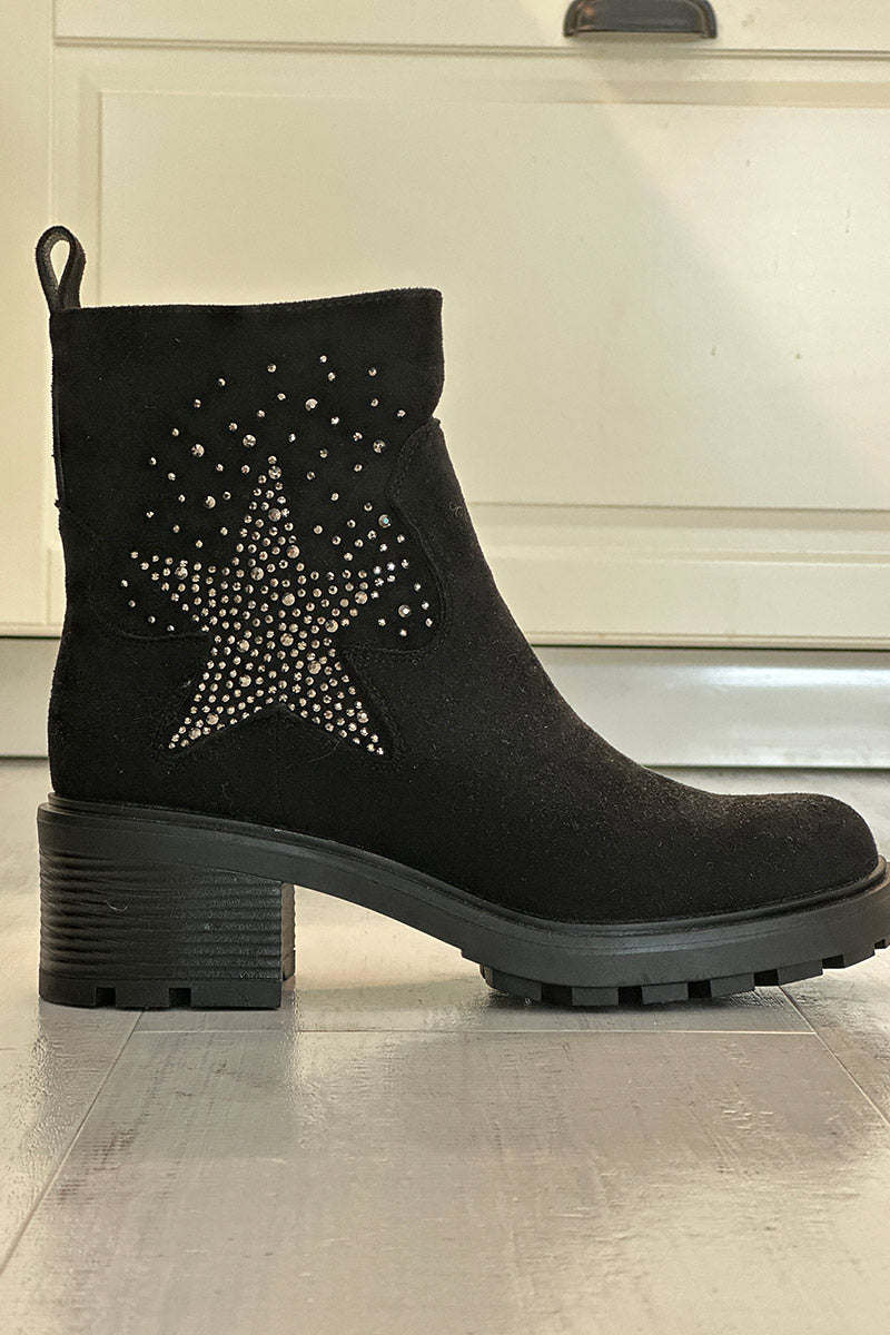 Botines negros con tacón dentado en forma de estrella de pedrería