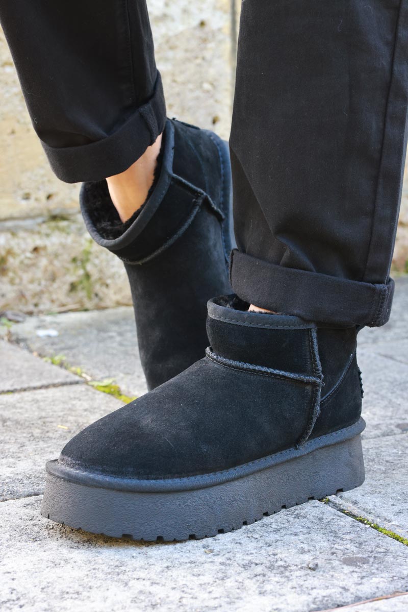 Botas bajas de piel con plataforma forradas en pelo negras