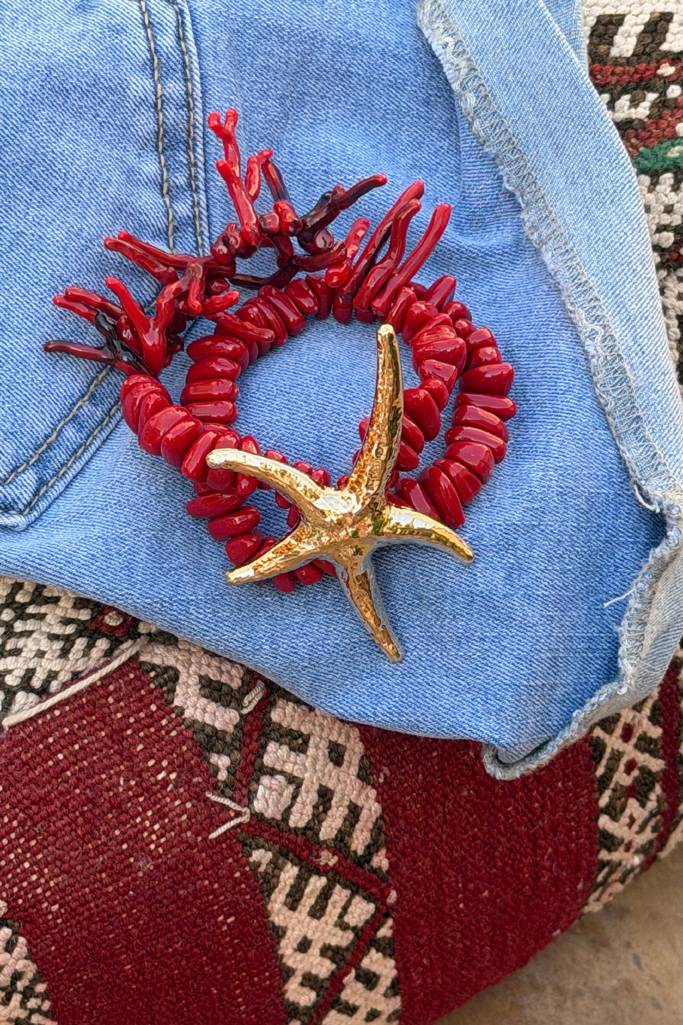 Pink Coral Bead and Gold Starfish Bracelet
