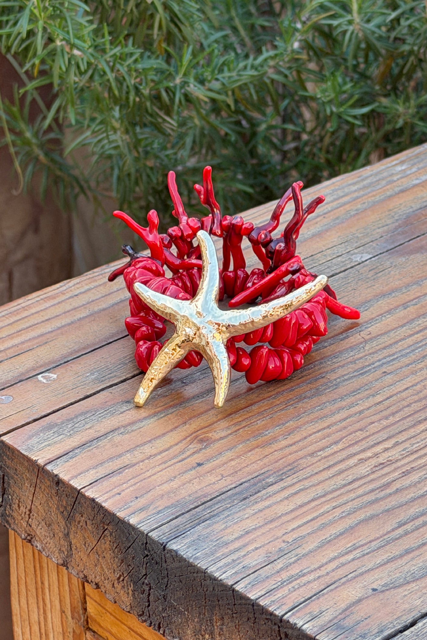 Pink Coral Bead and Gold Starfish Bracelet