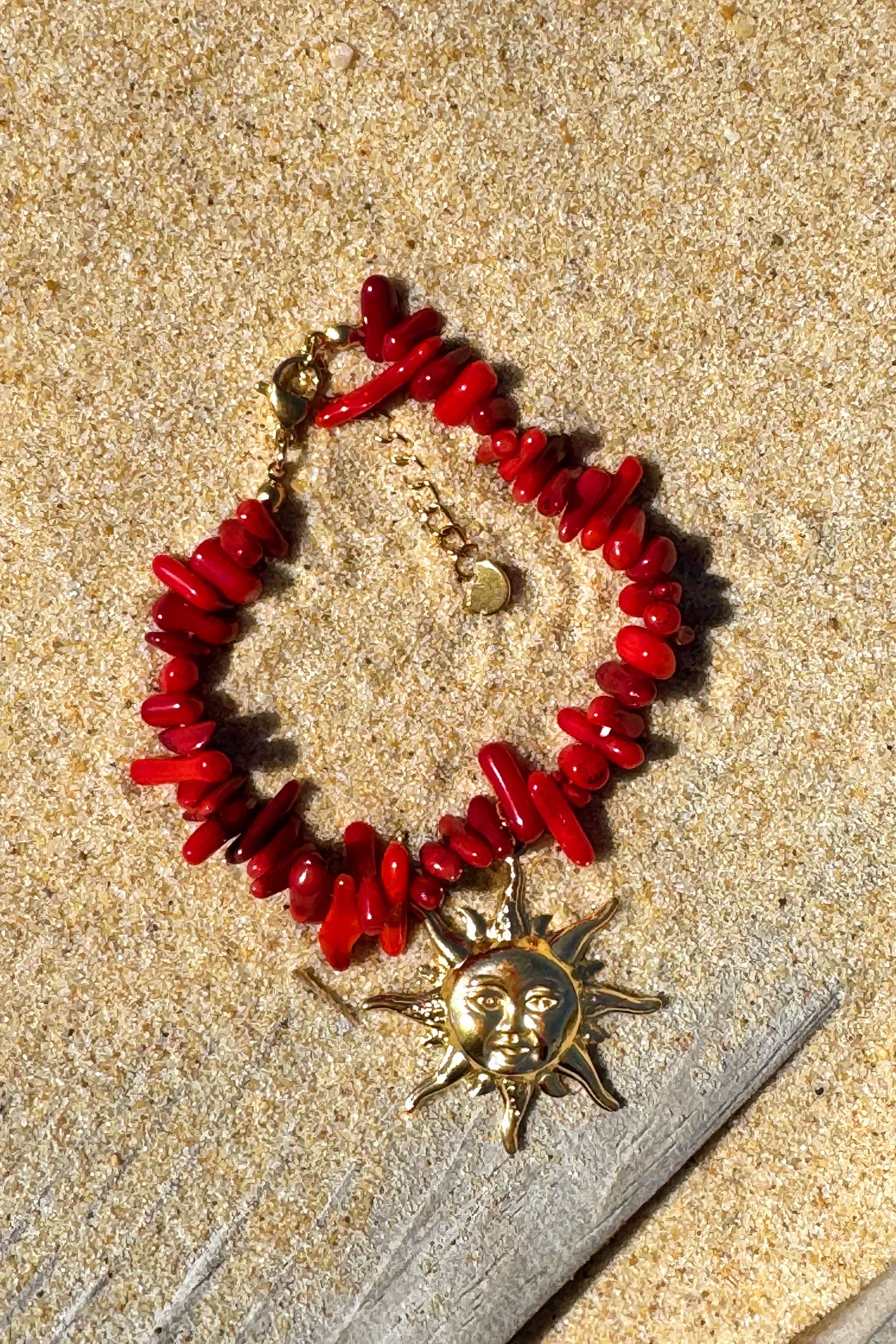 Red Beach Glass Golden Sun Charm Bracelet