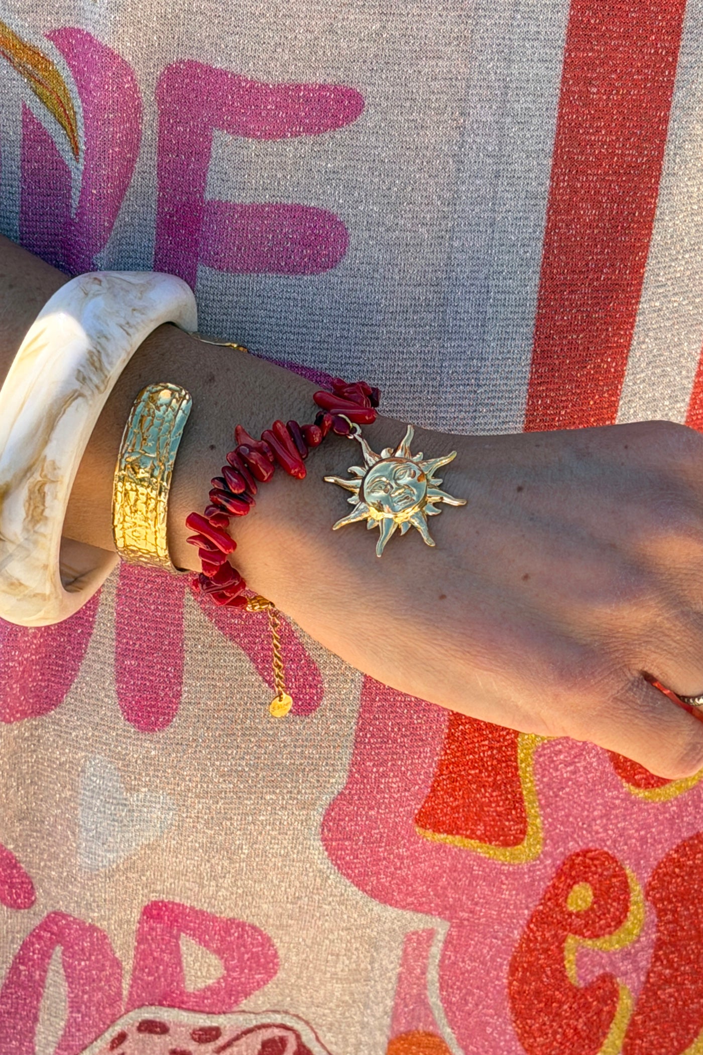 Red Beach Glass Golden Sun Charm Bracelet